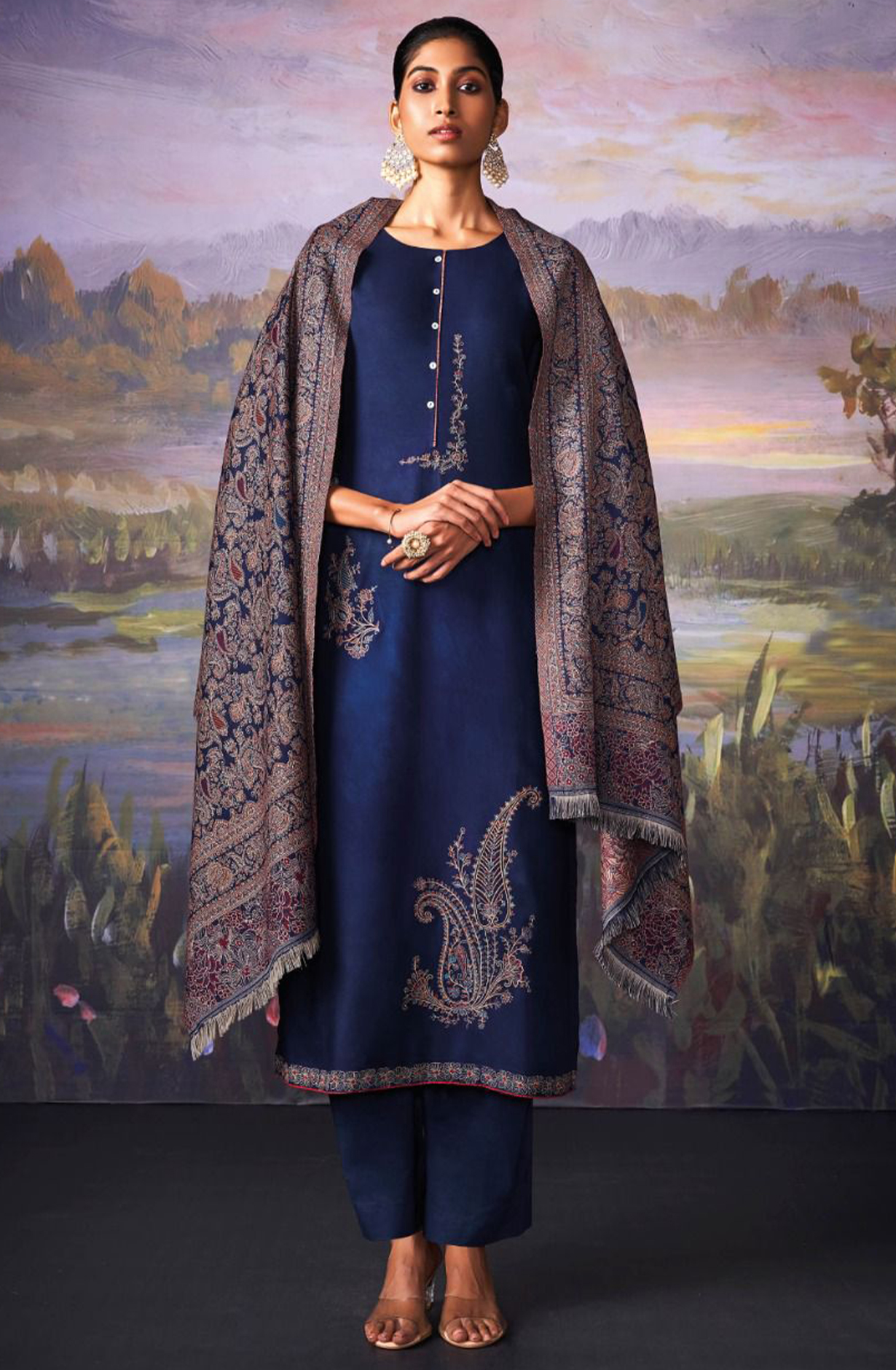 Blue Pure Pashmina with Dobby solid color work embroidery- KINC2141