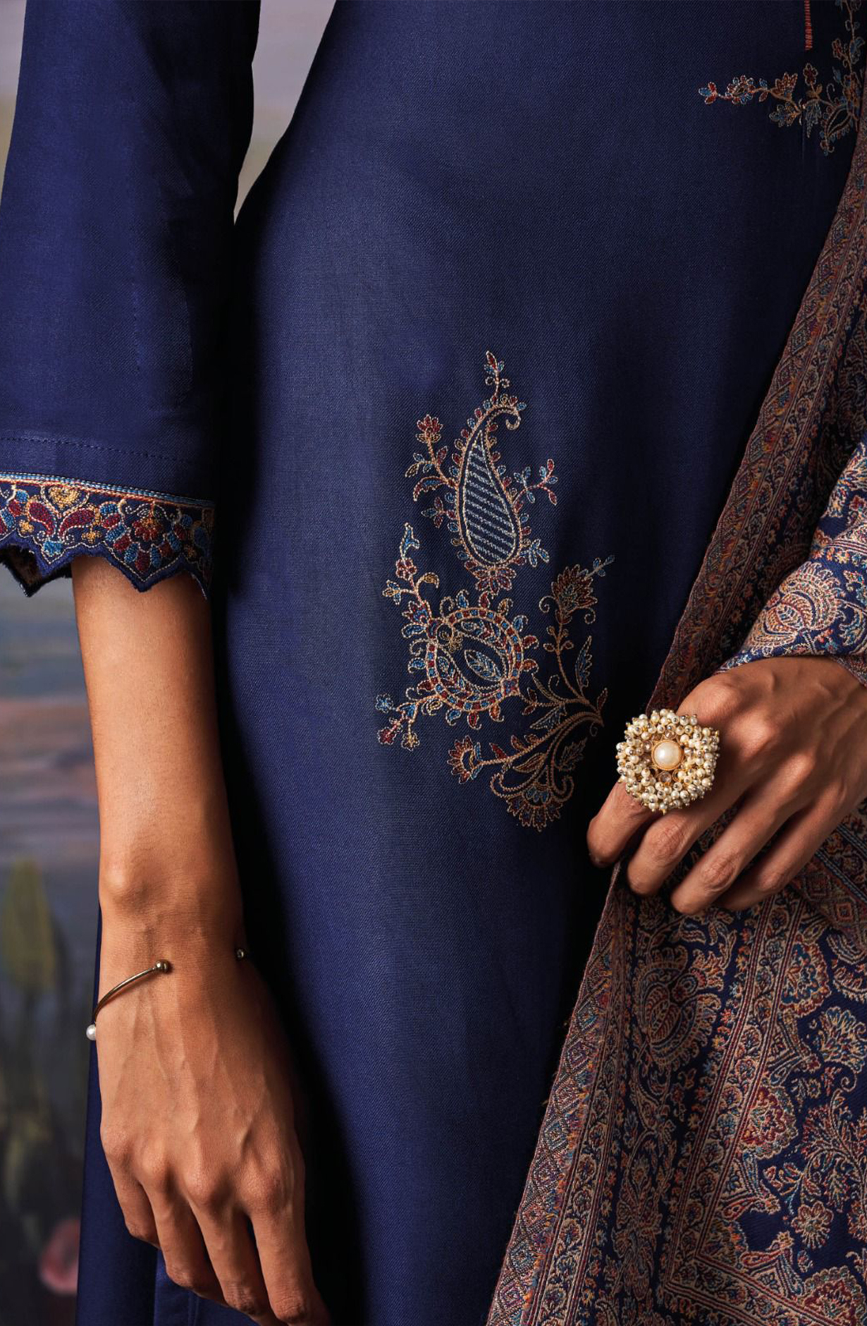 Blue Pure Pashmina with Dobby solid color work embroidery- KINC2141