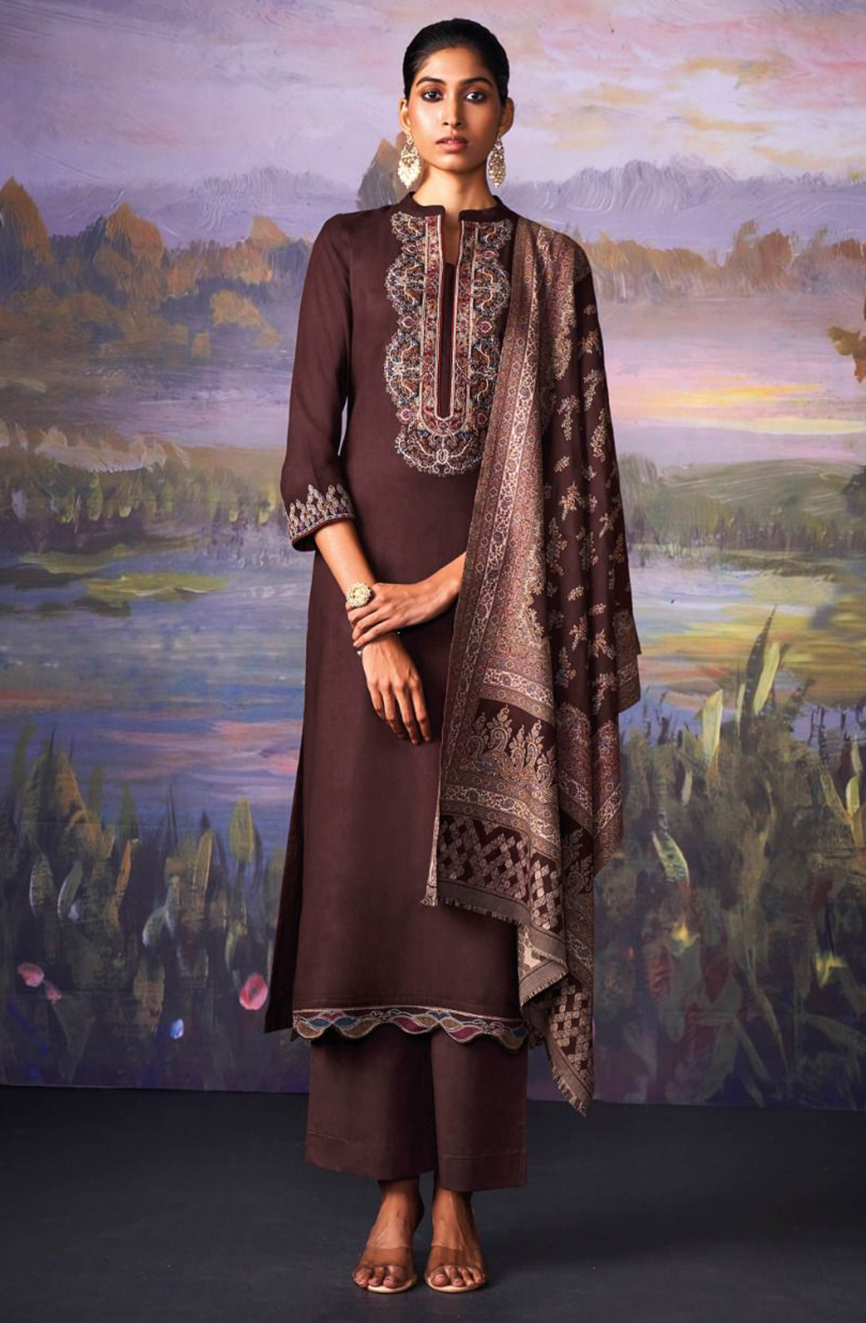 Coffee Pure Pashmina with Dobby solid color work embroidery- KINC2143