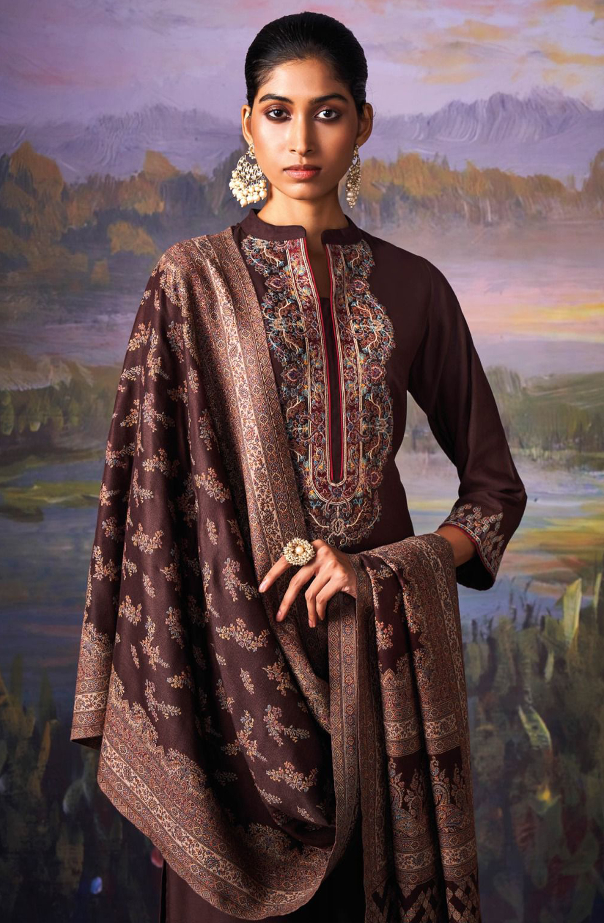 Coffee Pure Pashmina with Dobby solid color work embroidery- KINC2143