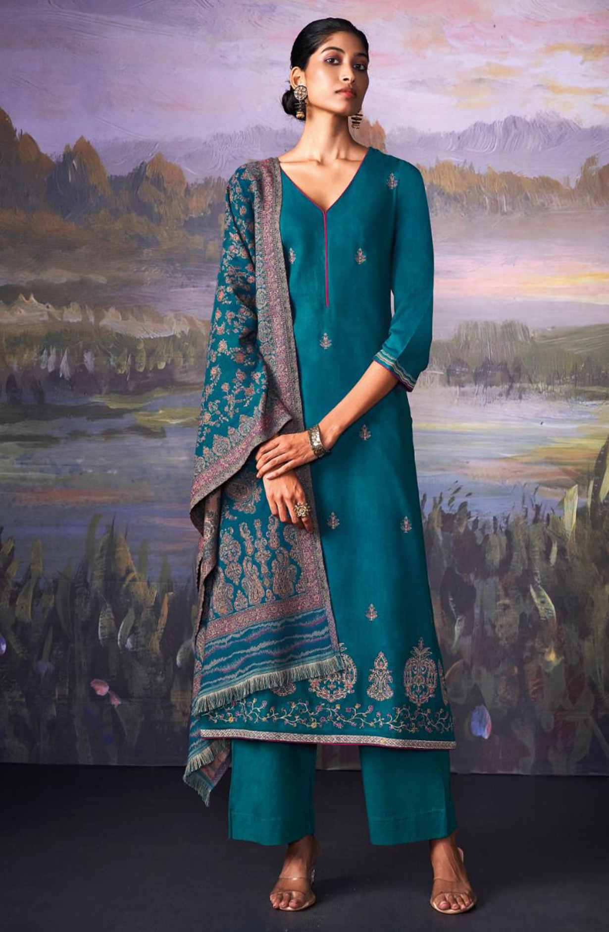 Blue Pure Pashmina with Dobby solid color work embroidery- KINC2144