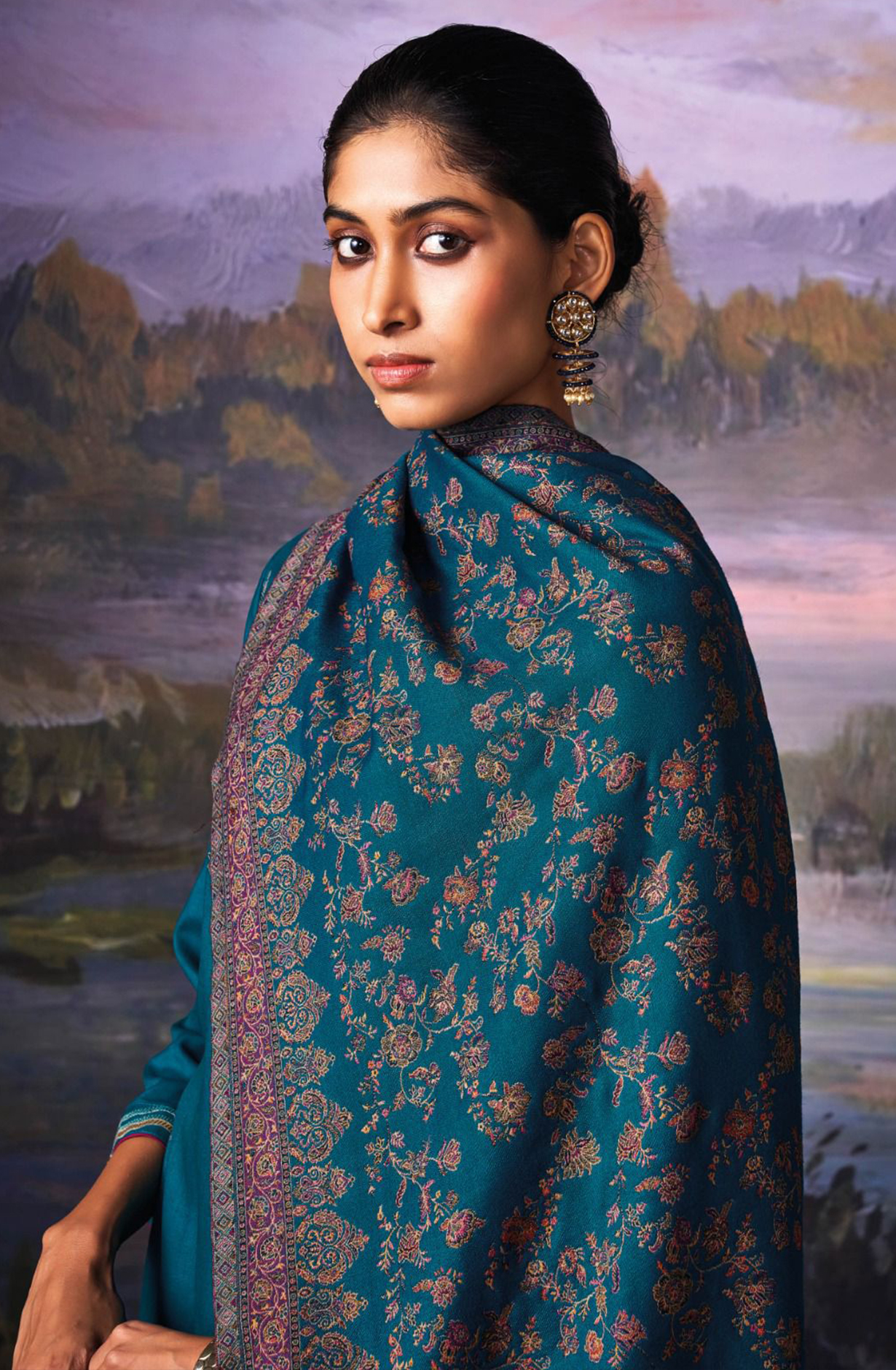 Blue Pure Pashmina with Dobby solid color work embroidery- KINC2144