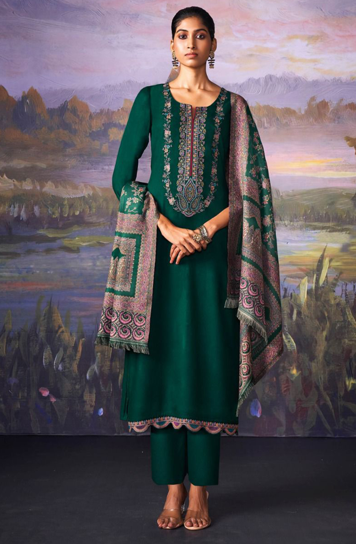 Bottle Green Pure Pashmina with Dobby solid color work embroidery- KINC2145