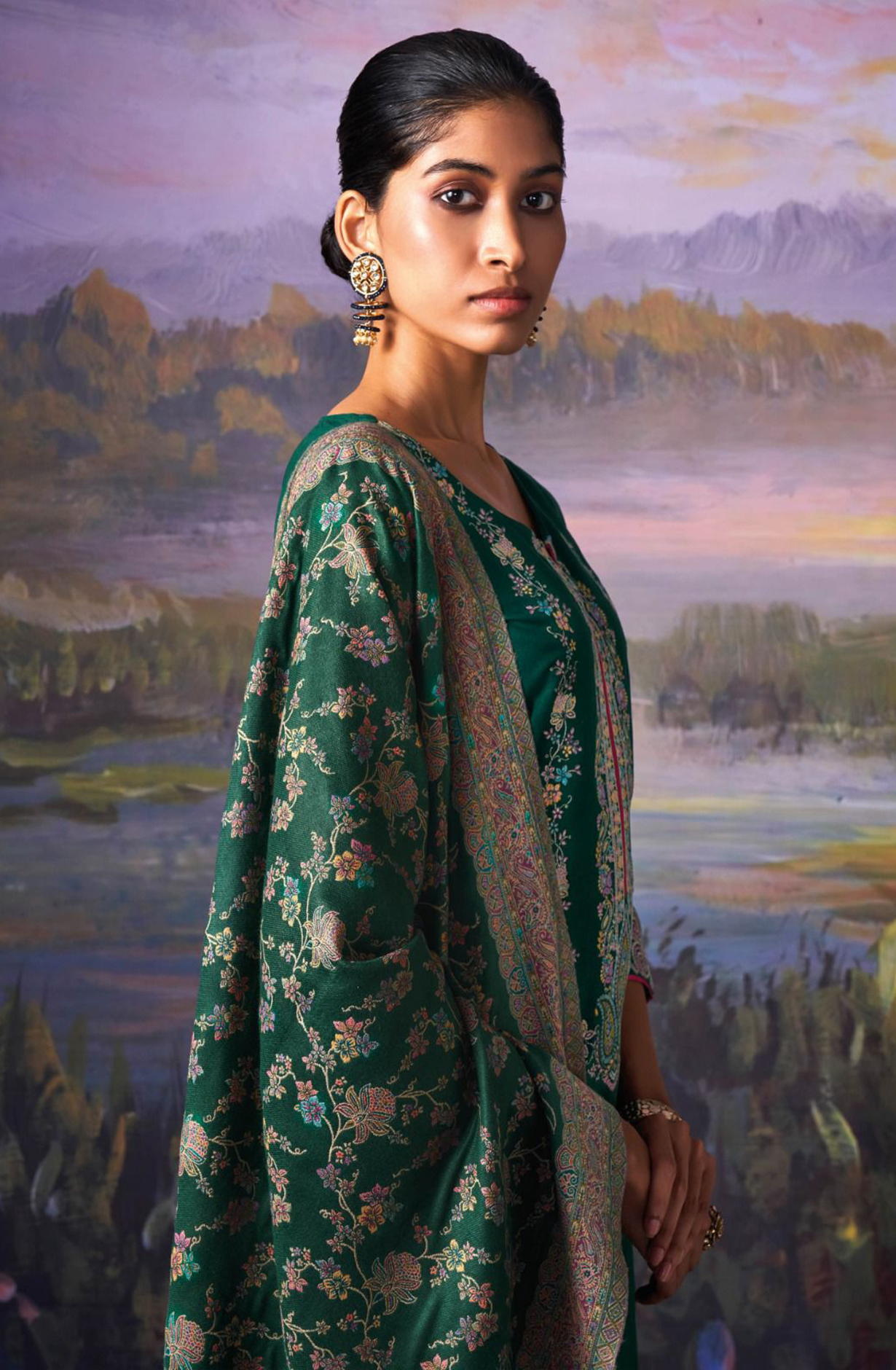 Bottle Green Pure Pashmina with Dobby solid color work embroidery- KINC2145