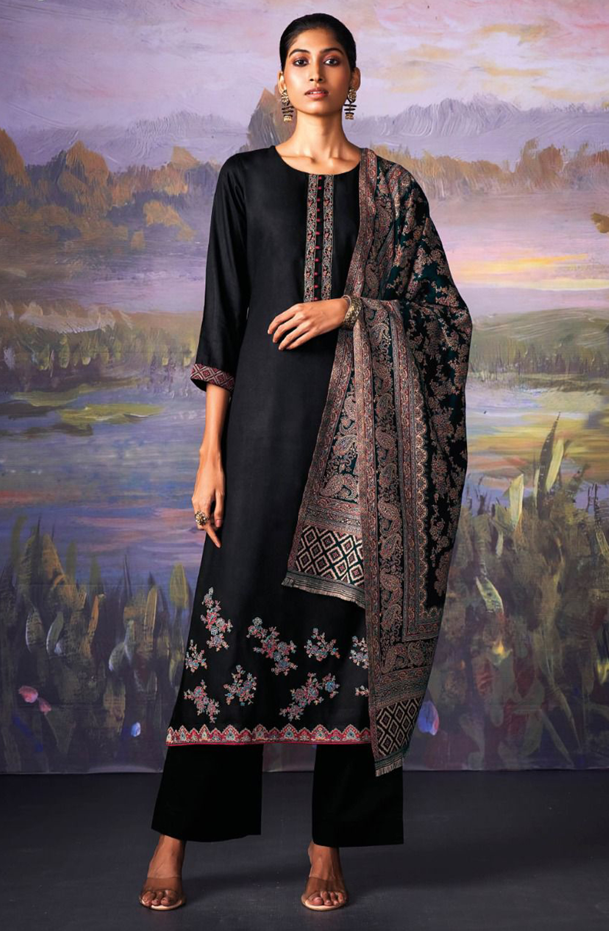 Black Pure Pashmina with Dobby solid color work embroidery- KINC2146
