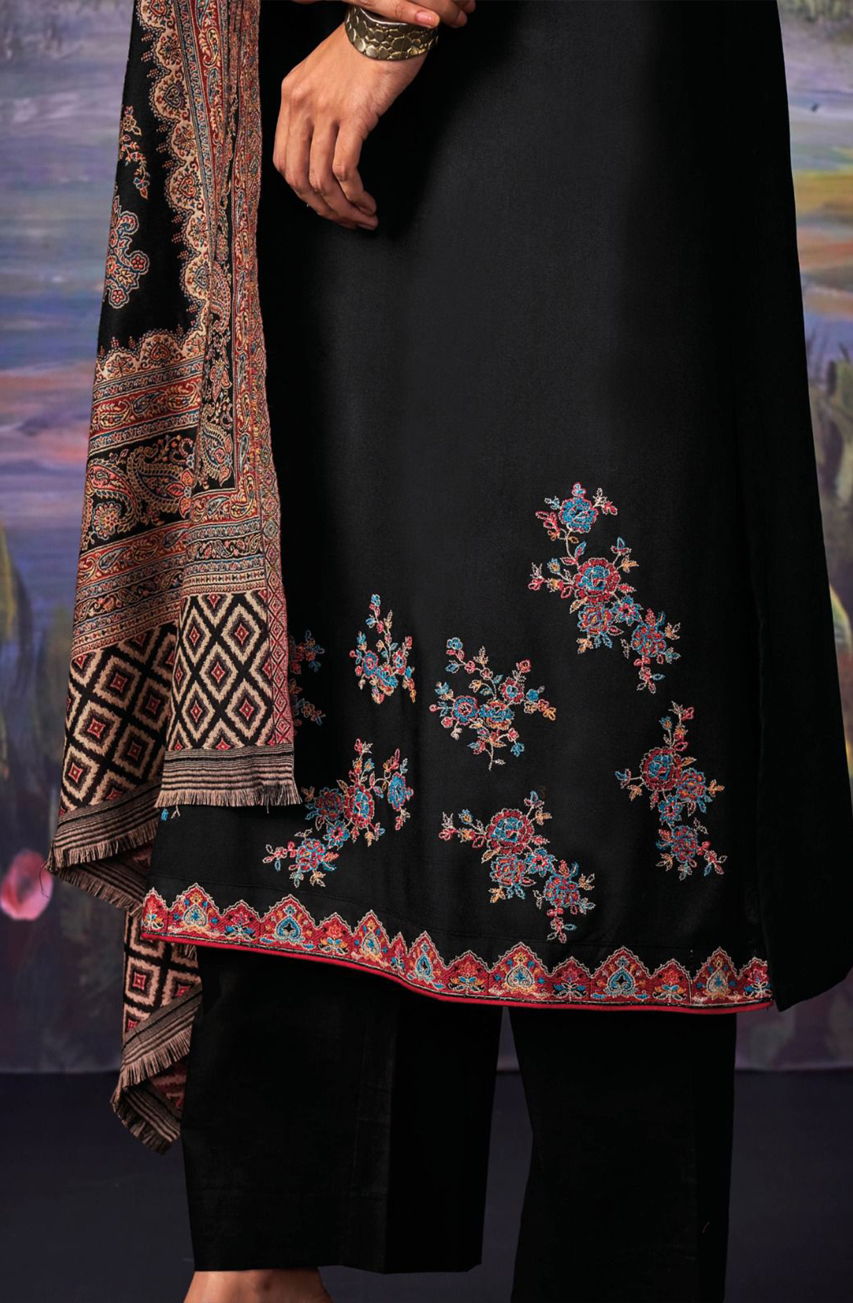 Black Pure Pashmina with Dobby solid color work embroidery- KINC2146