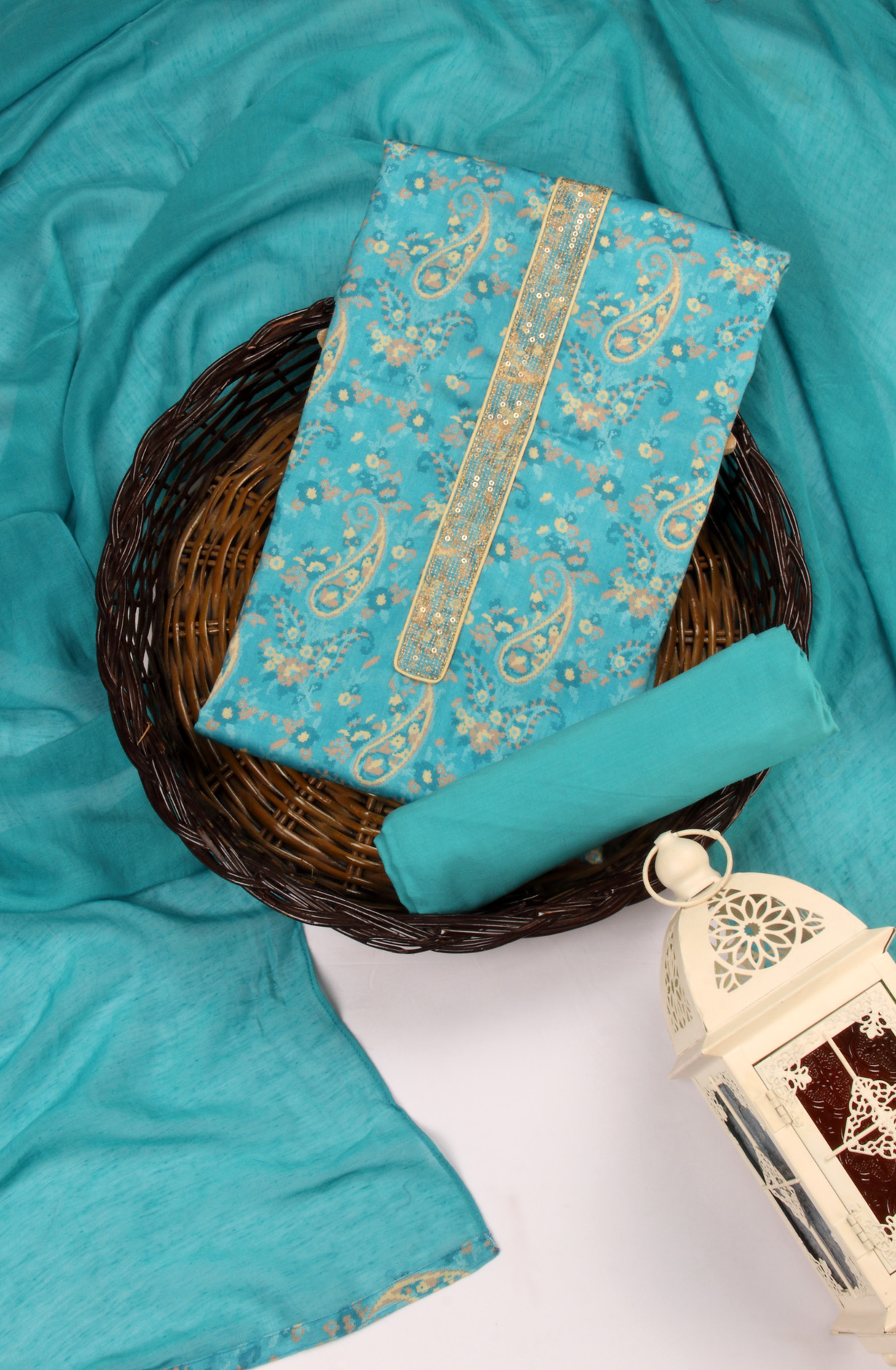 Firozi Cotton Unstitched Salwar Suit with Dupatta - KISPM14A