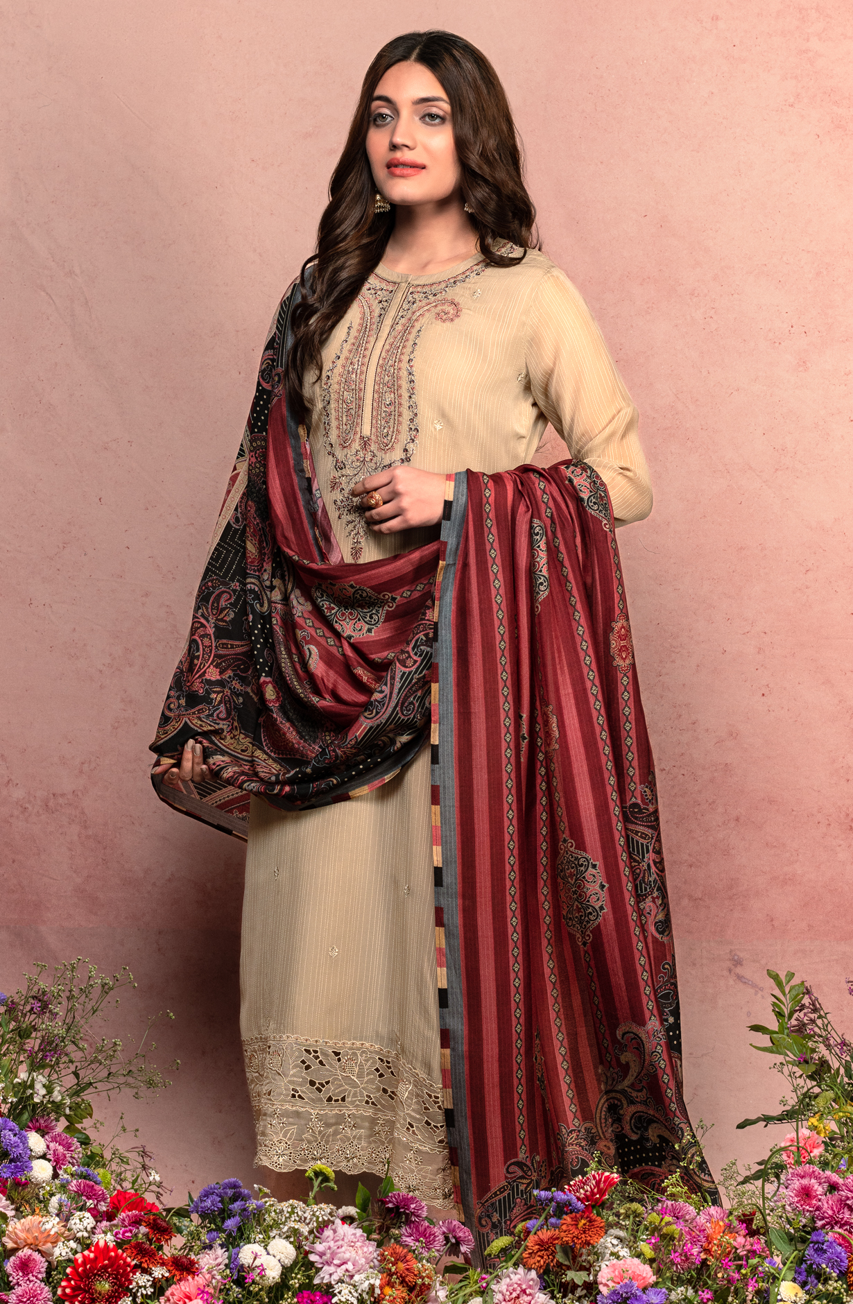 Beige Organza Embroidered Unstitched Salwar Suit - KIY1725A