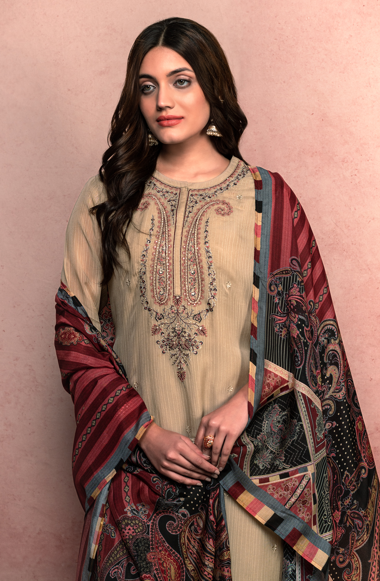 Beige Organza Embroidered Unstitched Salwar Suit - KIY1725A