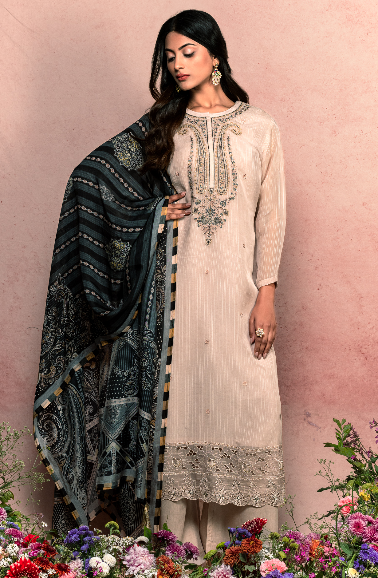 Beige Organza Embroidered Unstitched Salwar Kameez - KIY1725B