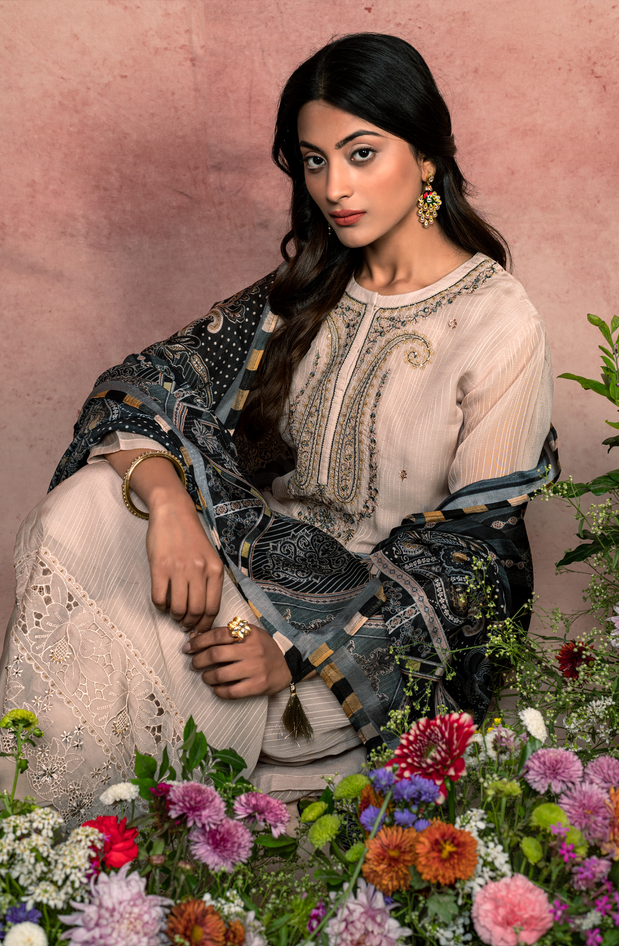 Beige Organza Embroidered Unstitched Salwar Kameez - KIY1725B