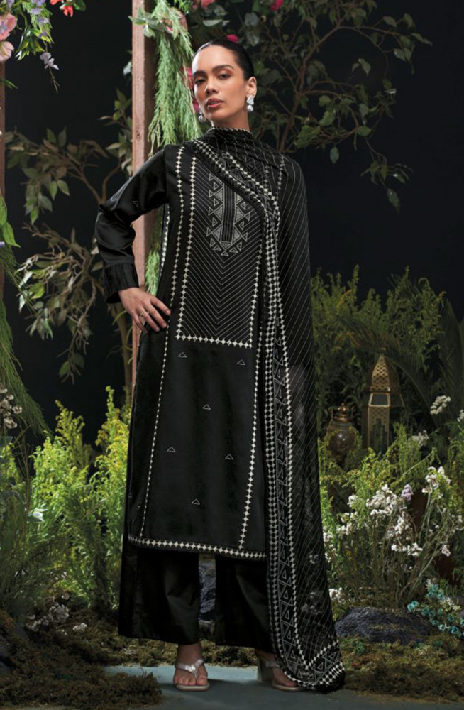 Image of Black Premium cotton satin Unstitched Suit Set with Beautiful Dupatta - KIYS4735B