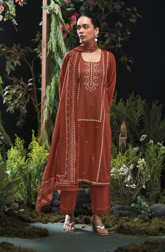 Image of Rust Premium cotton satin Unstitched Suit Set with Beautiful Dupatta - KIYS4735C