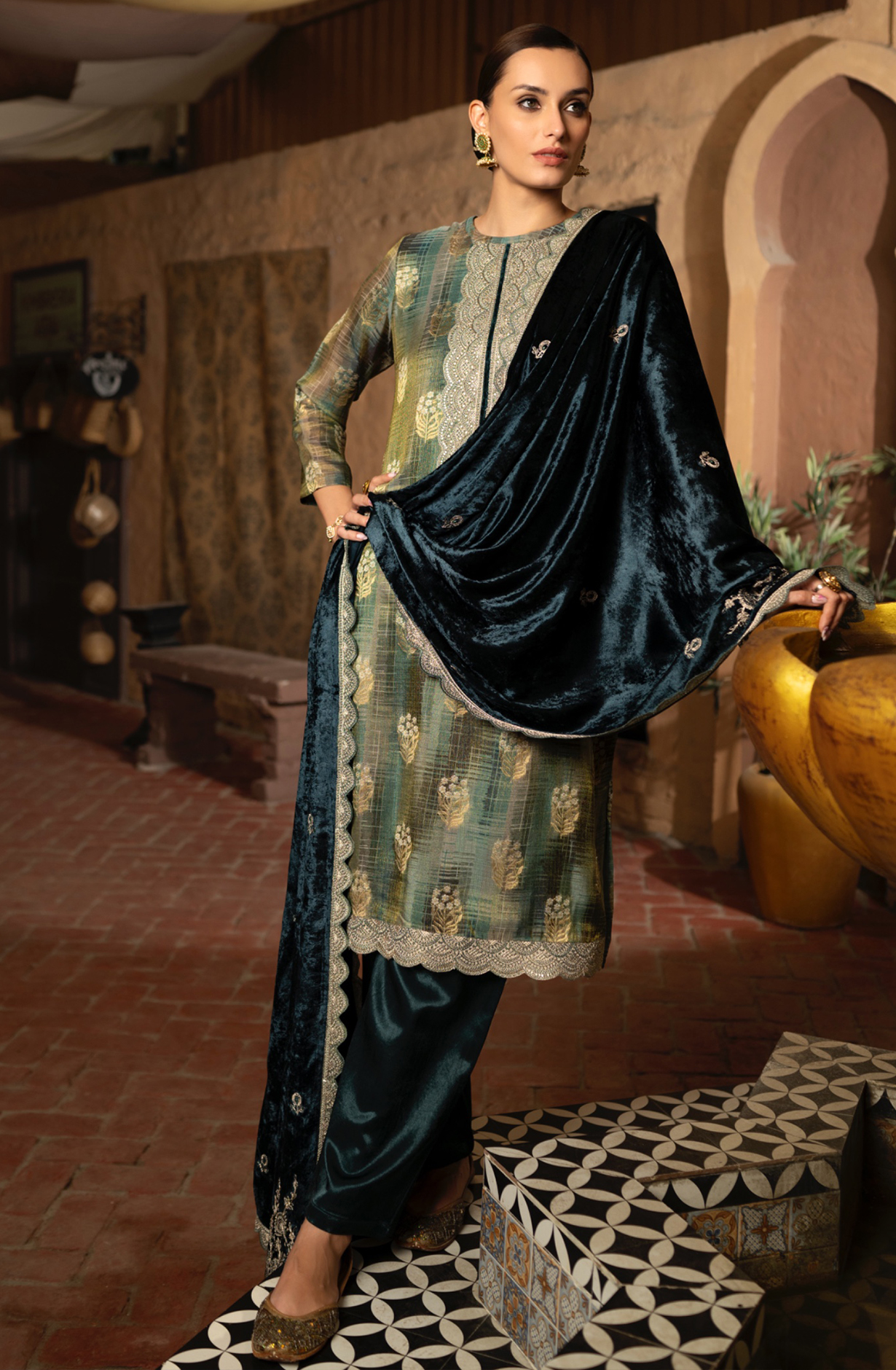 Green Digital Printed Silk Suit with Pure Velvet Dupatta- KOS2287B