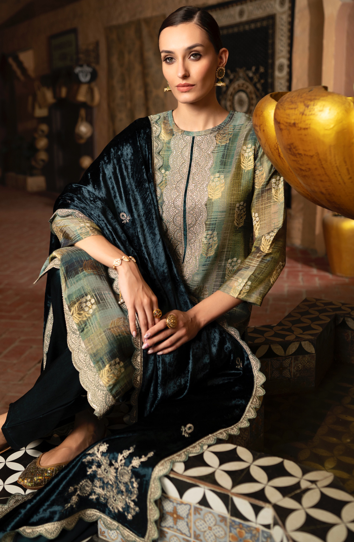 Green Digital Printed Silk Suit with Pure Velvet Dupatta- KOS2287B