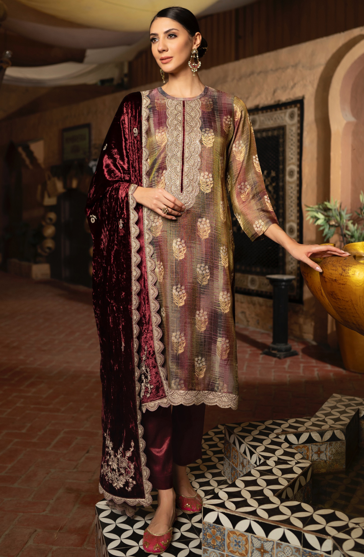 Maroon Digital Printed Silk Suit with Pure Velvet Dupatta- KOS2287A