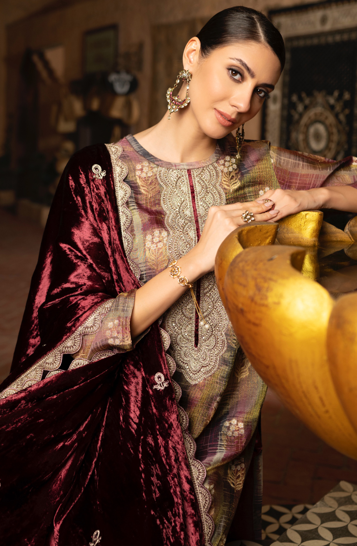 Maroon Digital Printed Silk Suit with Pure Velvet Dupatta- KOS2287A