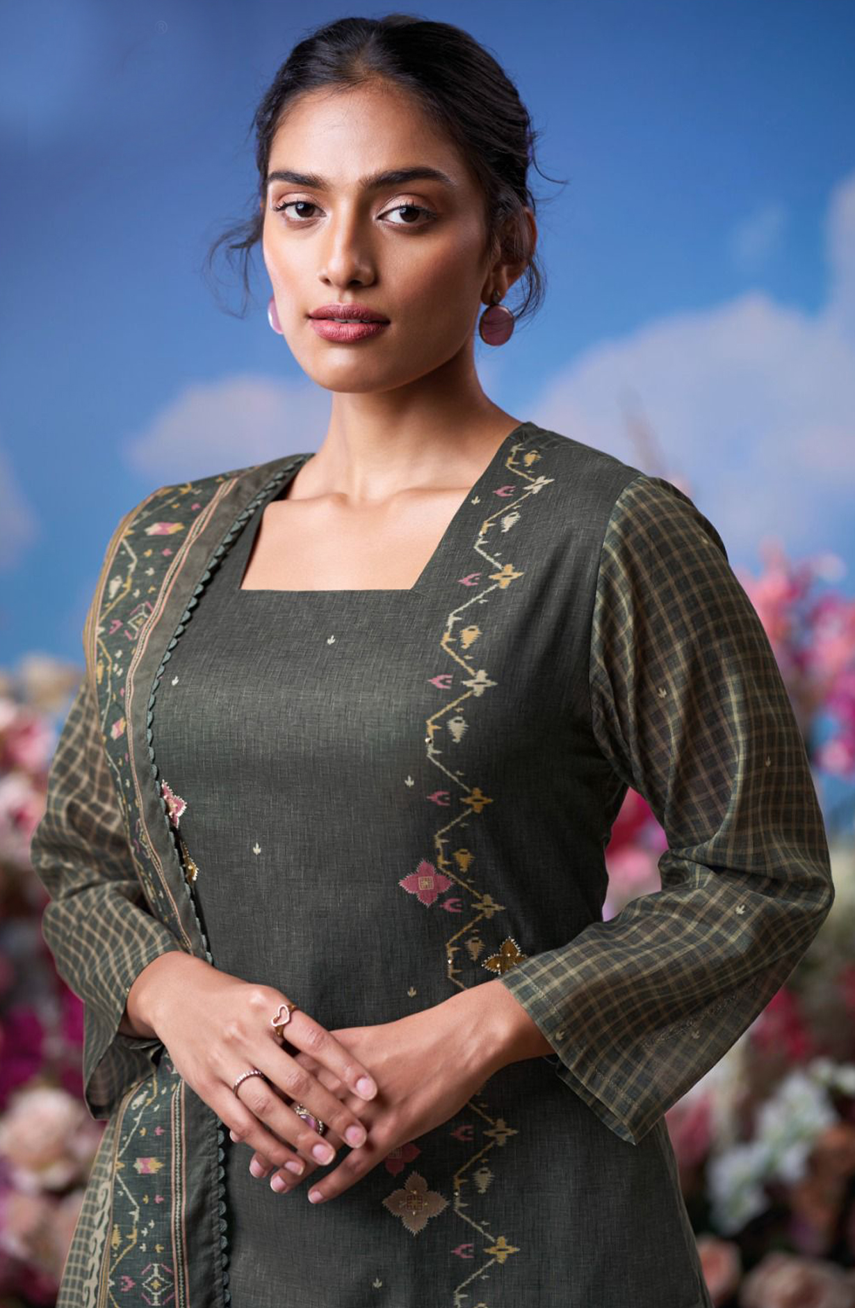 Dark Grey Mul Cotton Suit Set with Mul Cotton Printed Dupatta- KOYS3592A