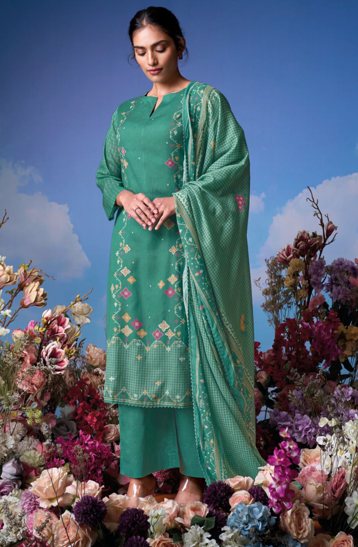 Green Mul Cotton Suit Set with Mul Cotton Printed Dupatta- KOYS3592B