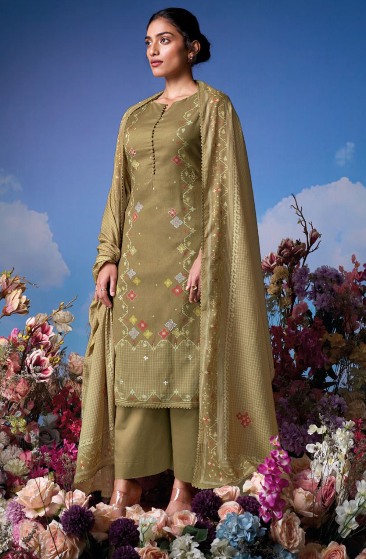 Mehndi Mul Cotton Suit Set with Mul Cotton Printed Dupatta- KOYS3592C