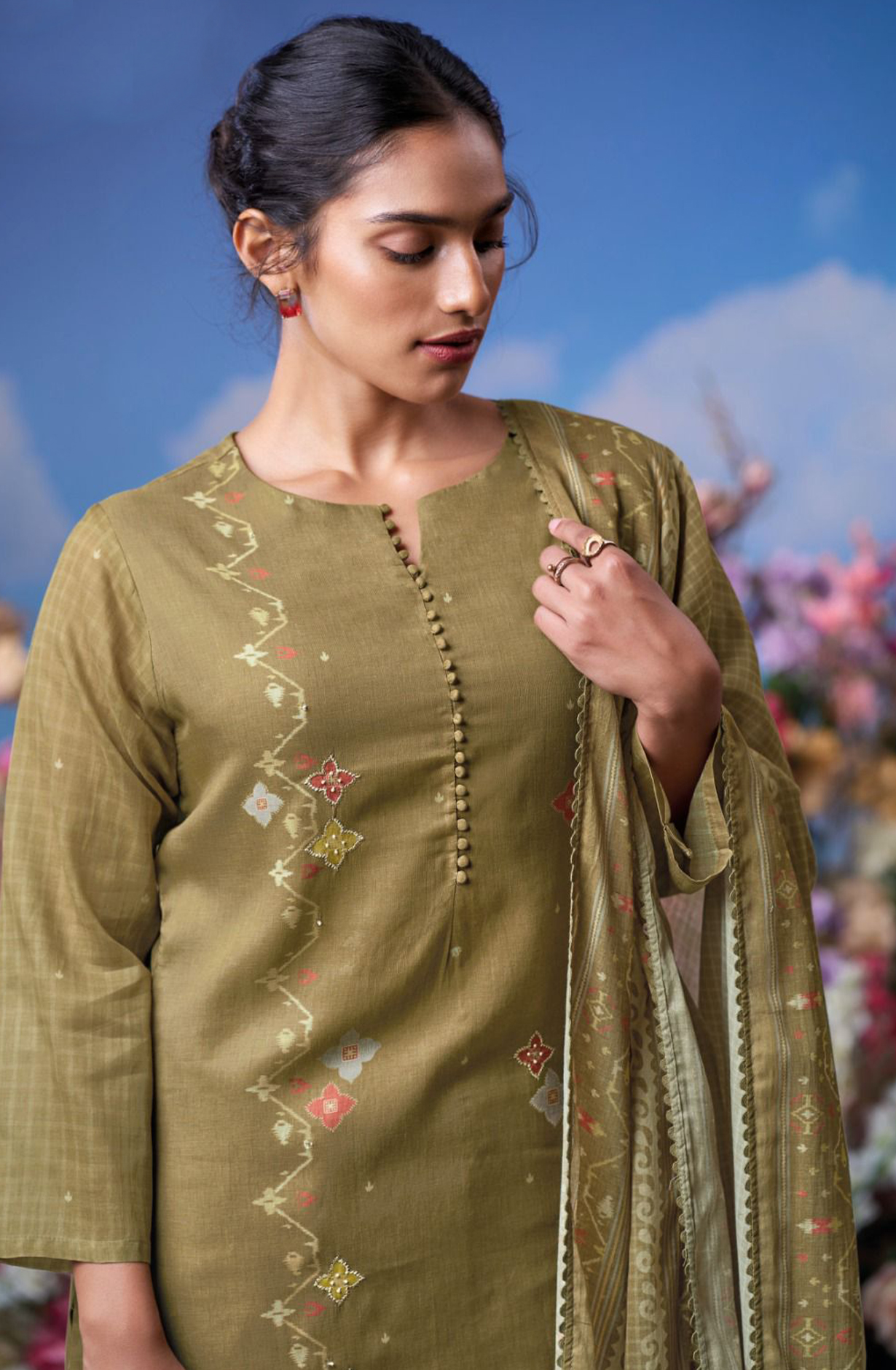 Mehndi Mul Cotton Suit Set with Mul Cotton Printed Dupatta- KOYS3592C