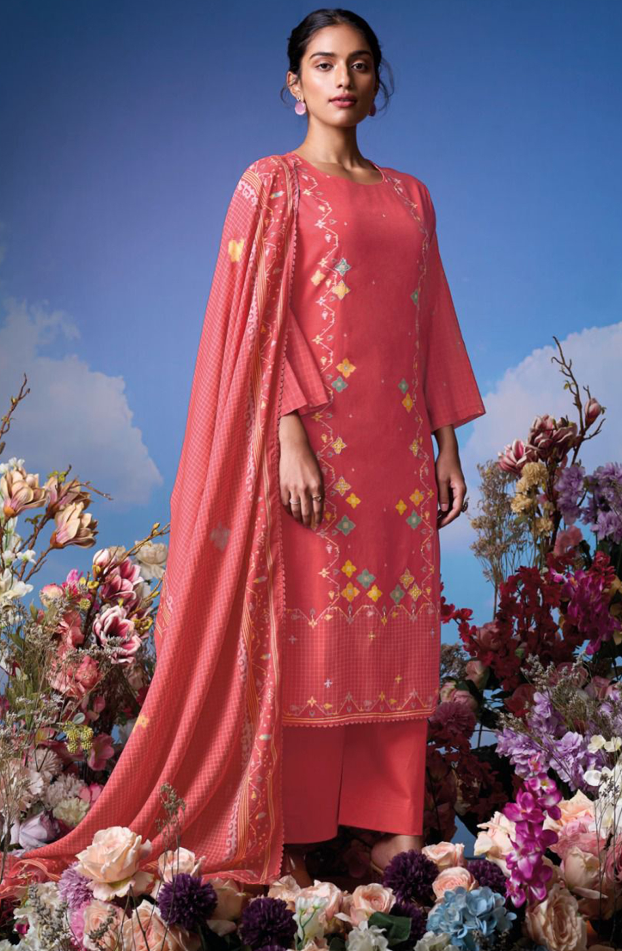 Red Mul Cotton Suit Set with Mul Cotton Printed Dupatta- KOYS3592D