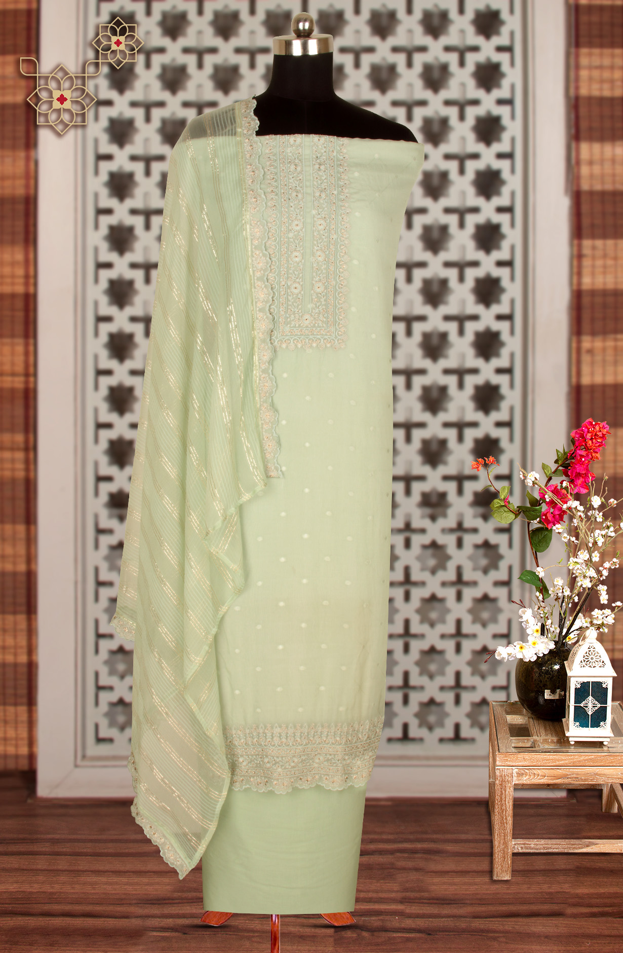 Sea Green Organza Beautiful Unstitched Suit with Chiffon Dupatta - KRA8847