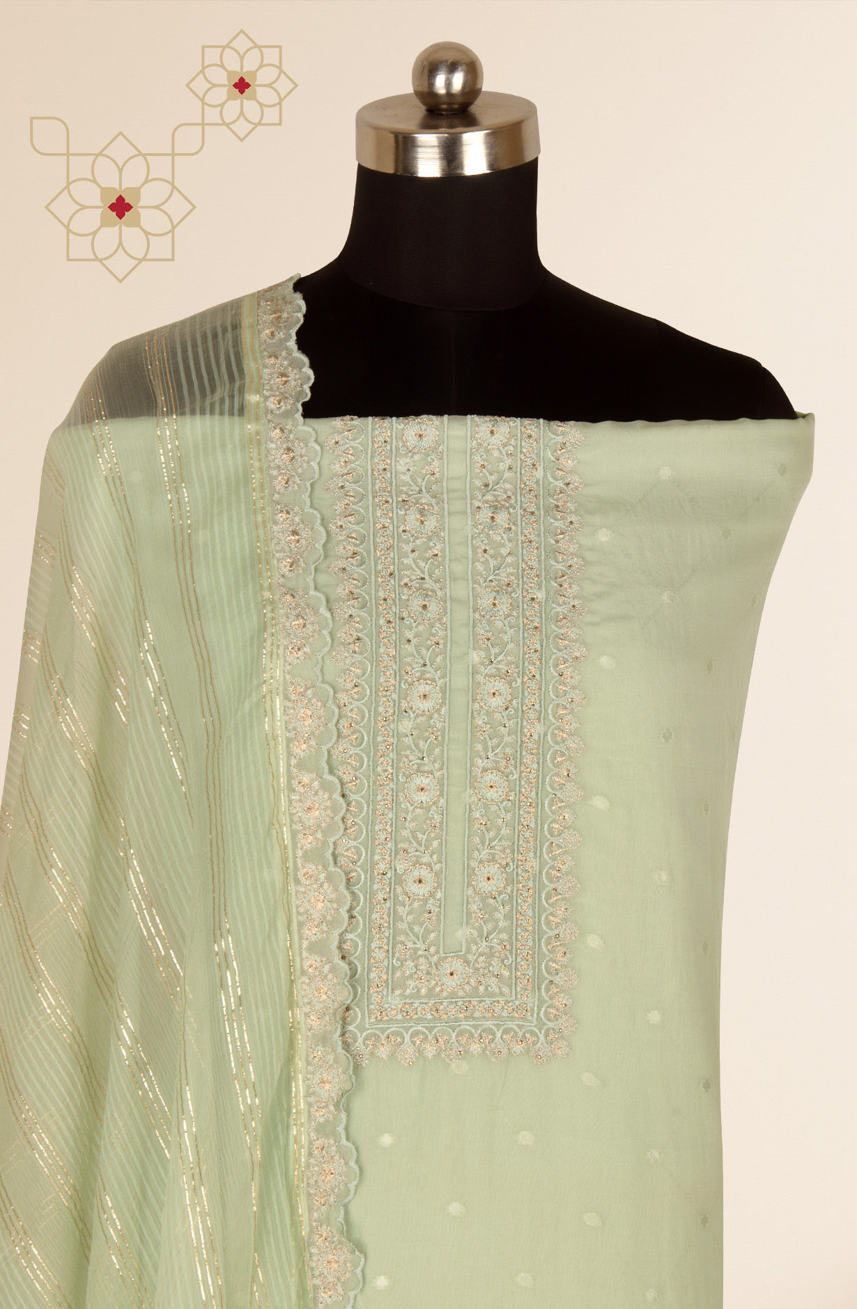 Sea Green Organza Beautiful Unstitched Suit with Chiffon Dupatta - KRA8847