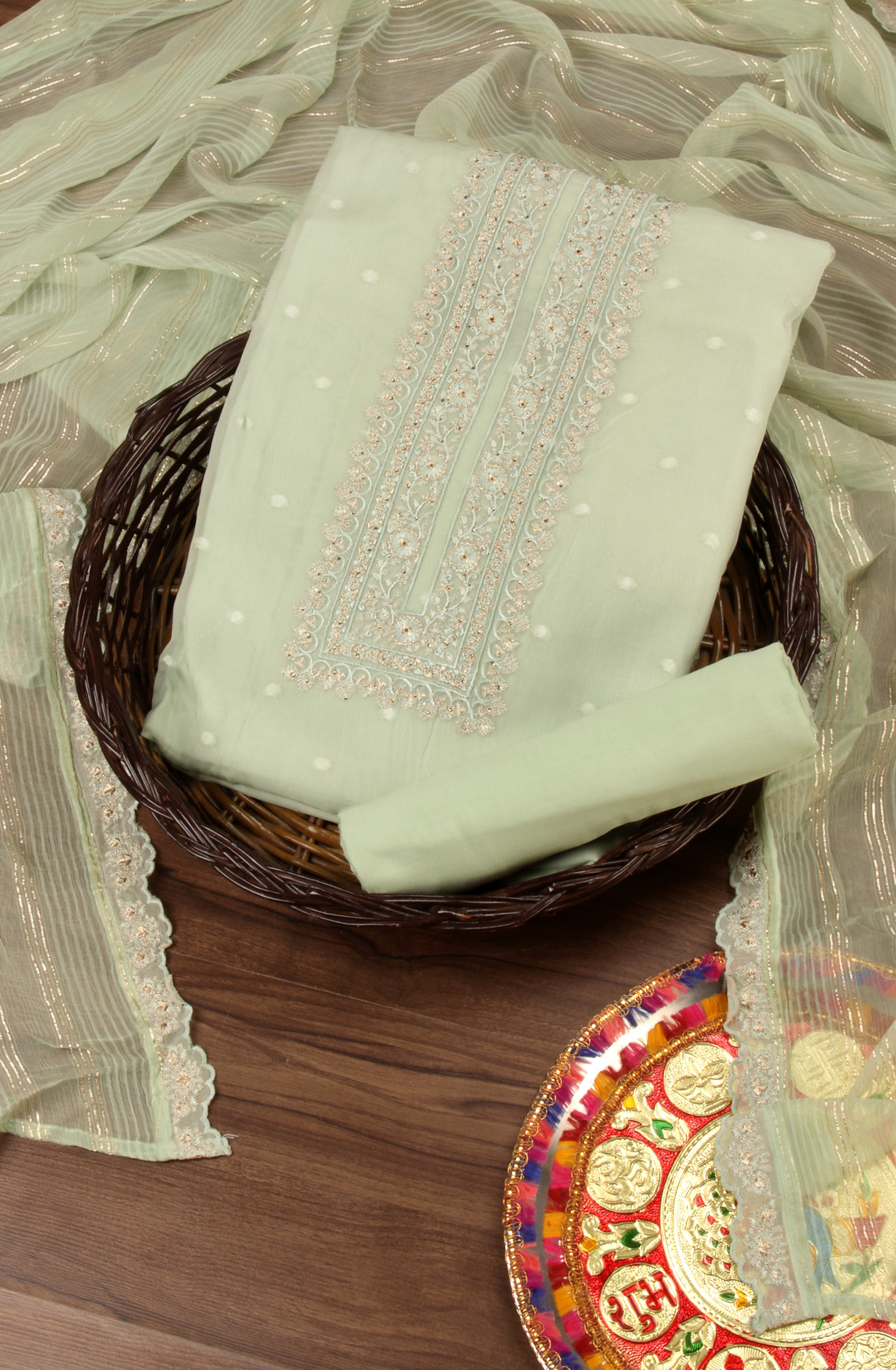 Sea Green Organza Beautiful Unstitched Suit with Chiffon Dupatta - KRA8847