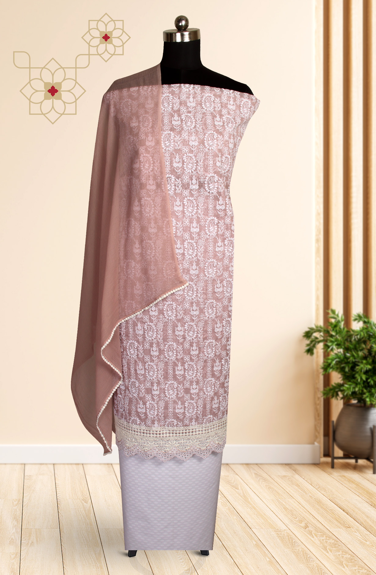Mauve Kota Chikankari Embroidered Suit with Chiffon Dupatta - KRINS14101A