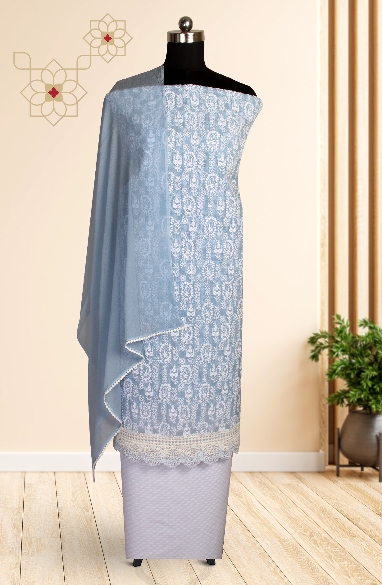 Pastel Blue Kota Chikankari Embroidered Suit with Chiffon Dupatta - KRINS14101B