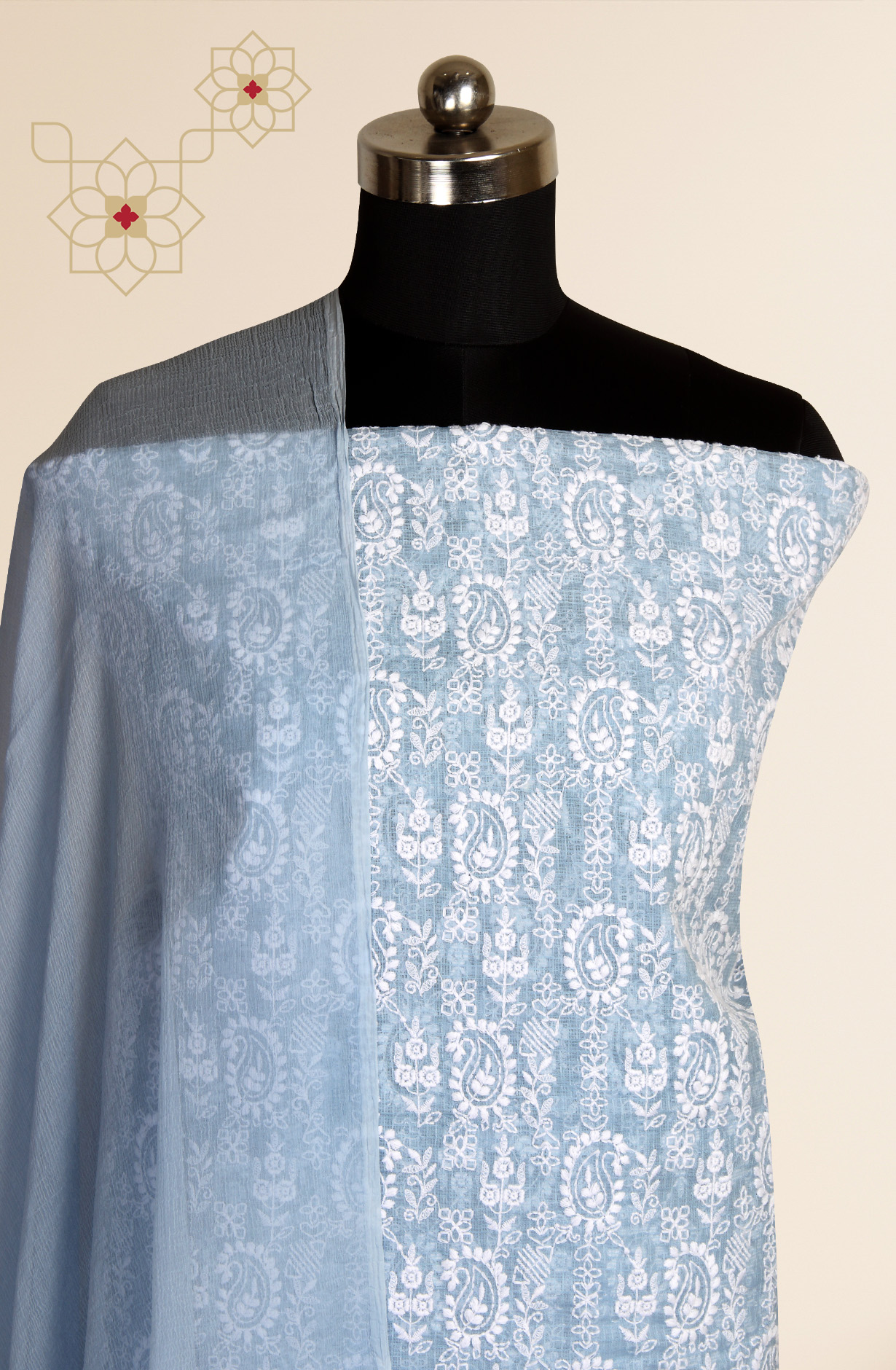 Pastel Blue Kota Chikankari Embroidered Suit with Chiffon Dupatta - KRINS14101B