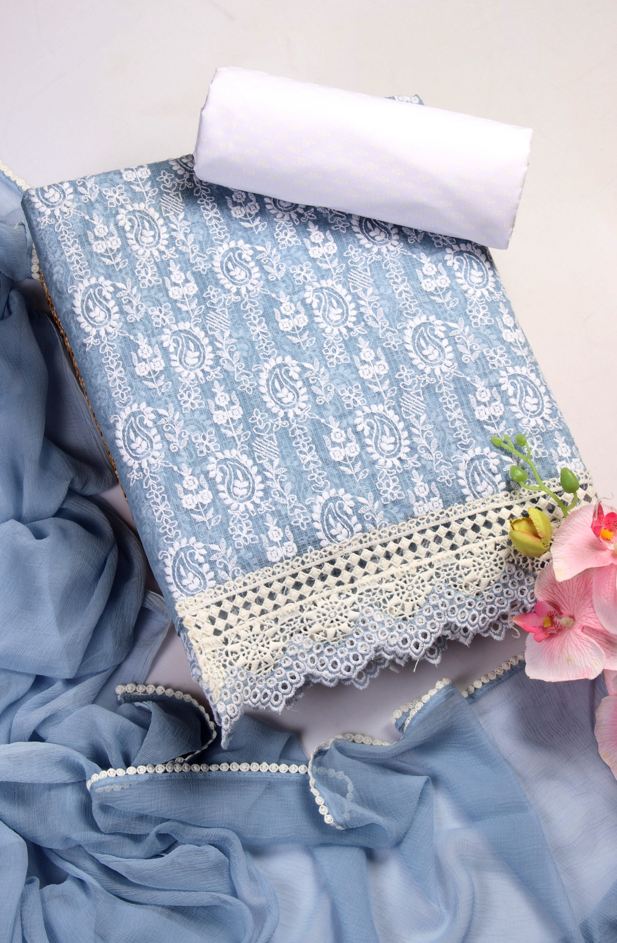 Pastel Blue Kota Chikankari Embroidered Suit with Chiffon Dupatta - KRINS14101B