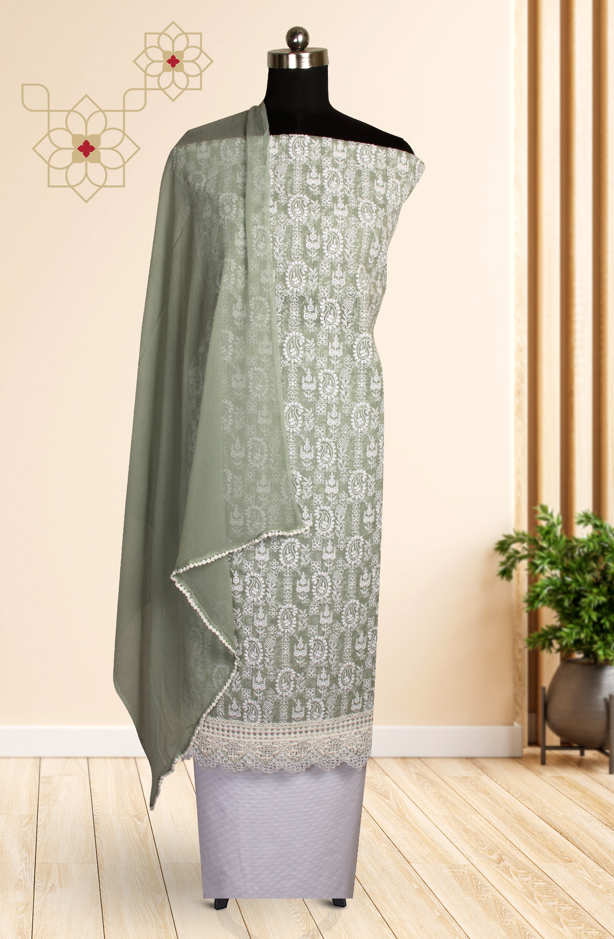 Green Kota Chikankari Embroidered Suit with Chiffon Dupatta - KRINS14101C