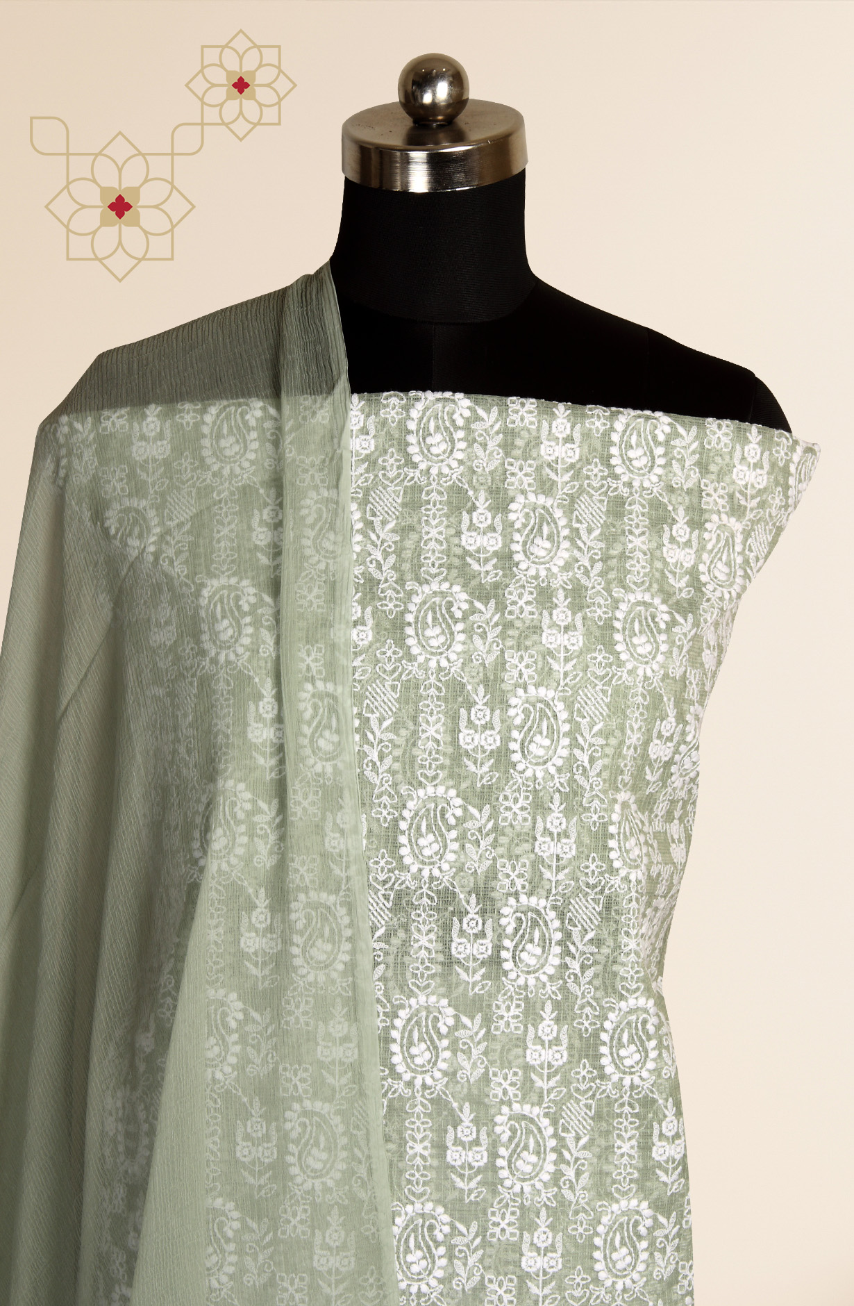 Green Kota Chikankari Embroidered Suit with Chiffon Dupatta - KRINS14101C
