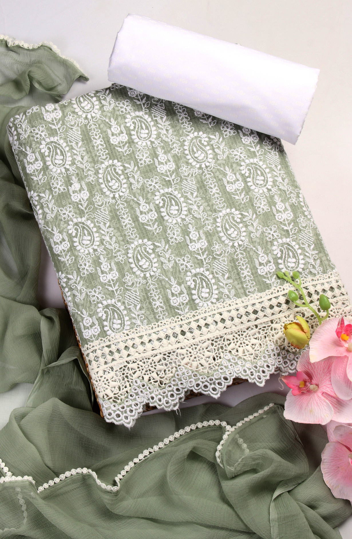 Green Kota Chikankari Embroidered Suit with Chiffon Dupatta - KRINS14101C