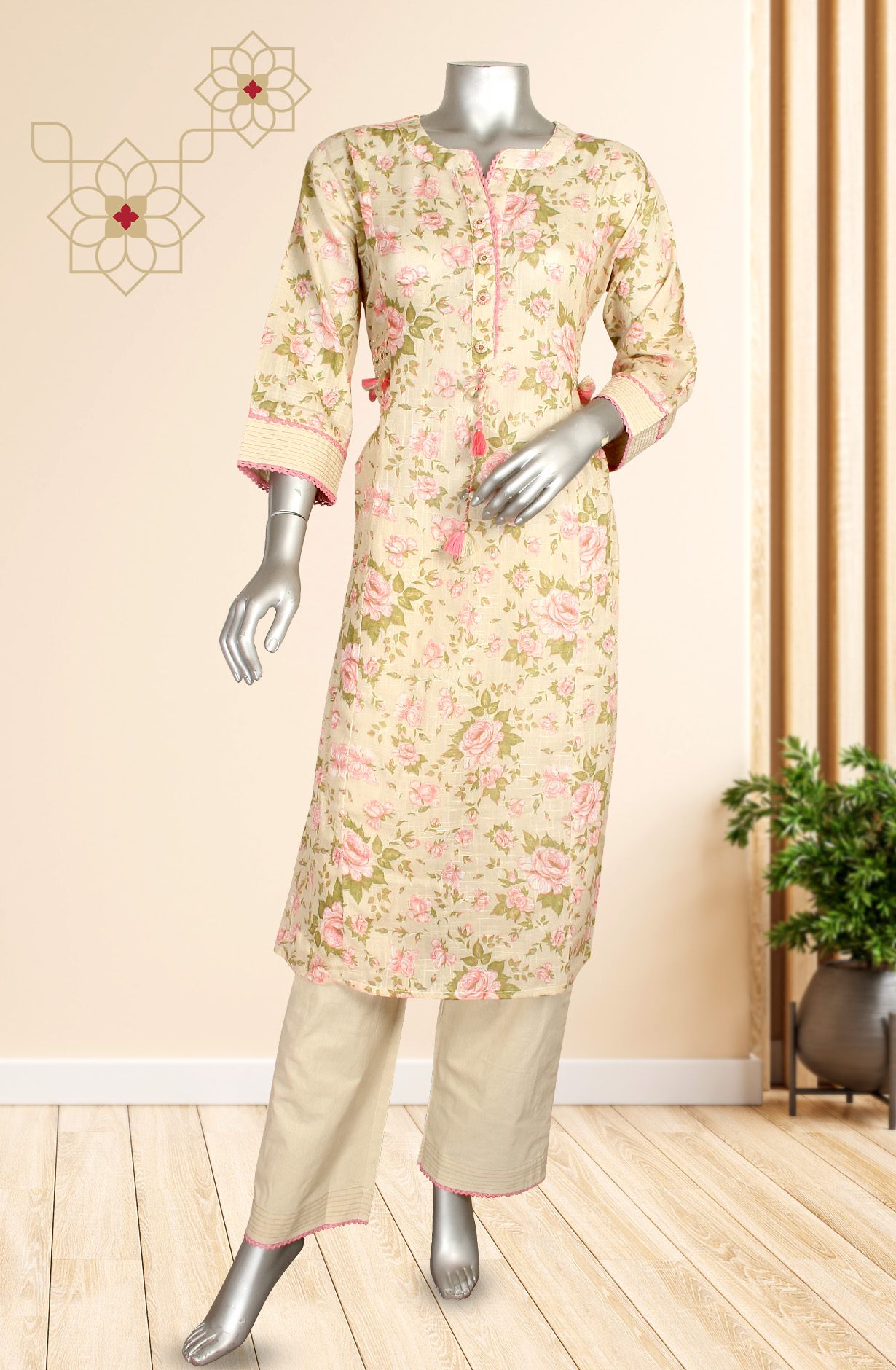 Beige Ready-to-Wear Printed Cotton Kurti with Pants - KRISNA19147
