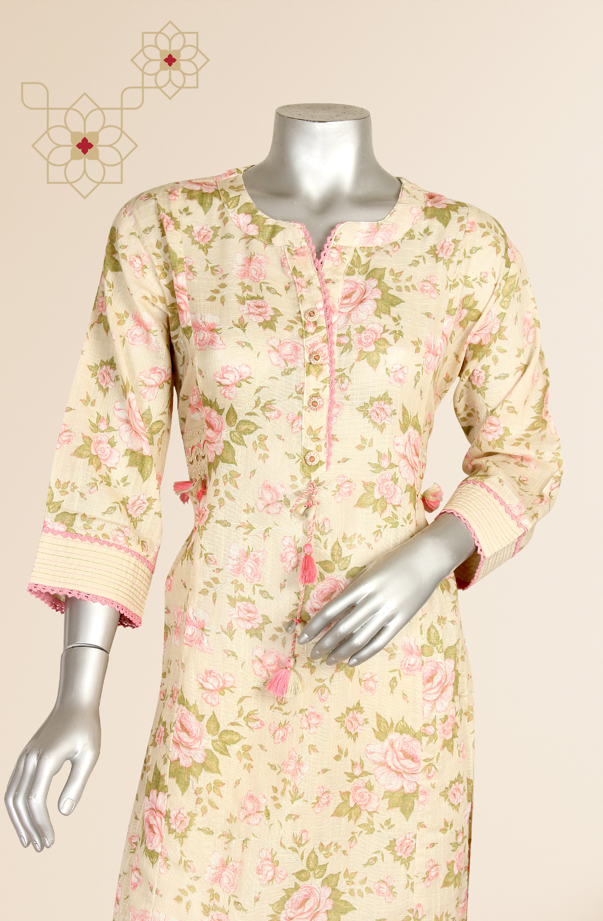 Beige Ready-to-Wear Printed Cotton Kurti with Pants - KRISNA19147