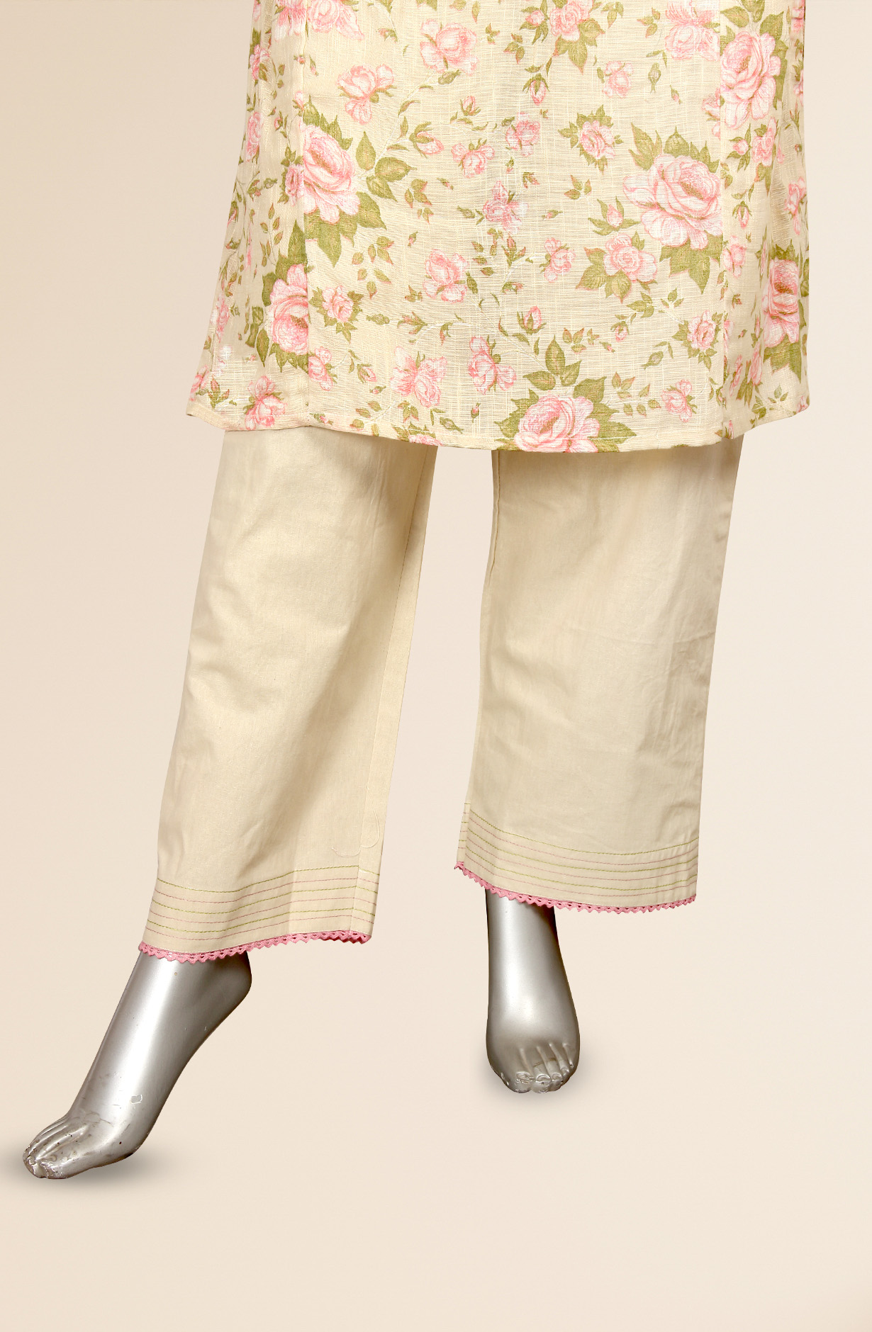 Beige Ready-to-Wear Printed Cotton Kurti with Pants - KRISNA19147