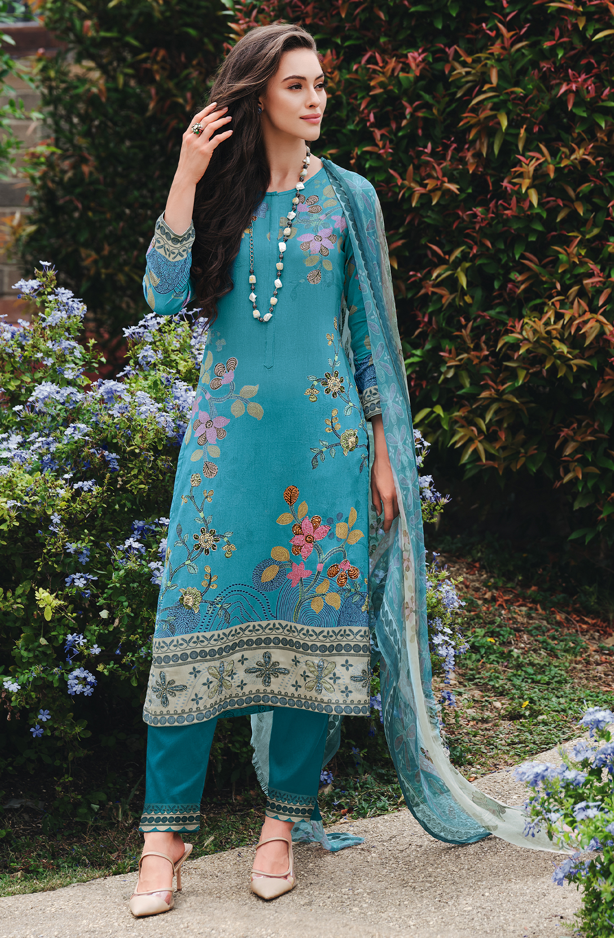 Firozi Cotton Beautiful Digital Printed Handwork Unstitched Suit with Chiffon Dupatta - LAL811