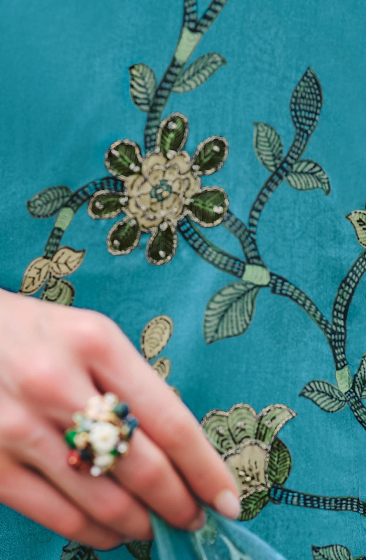 Firozi Cotton Beautiful Digital Printed Handwork Unstitched Suit with Chiffon Dupatta - LAL811