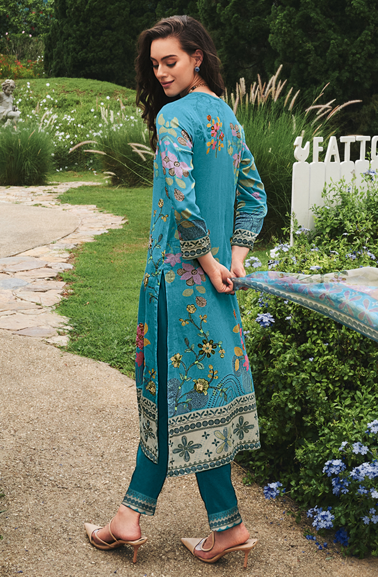 Firozi Cotton Beautiful Digital Printed Handwork Unstitched Suit with Chiffon Dupatta - LAL811