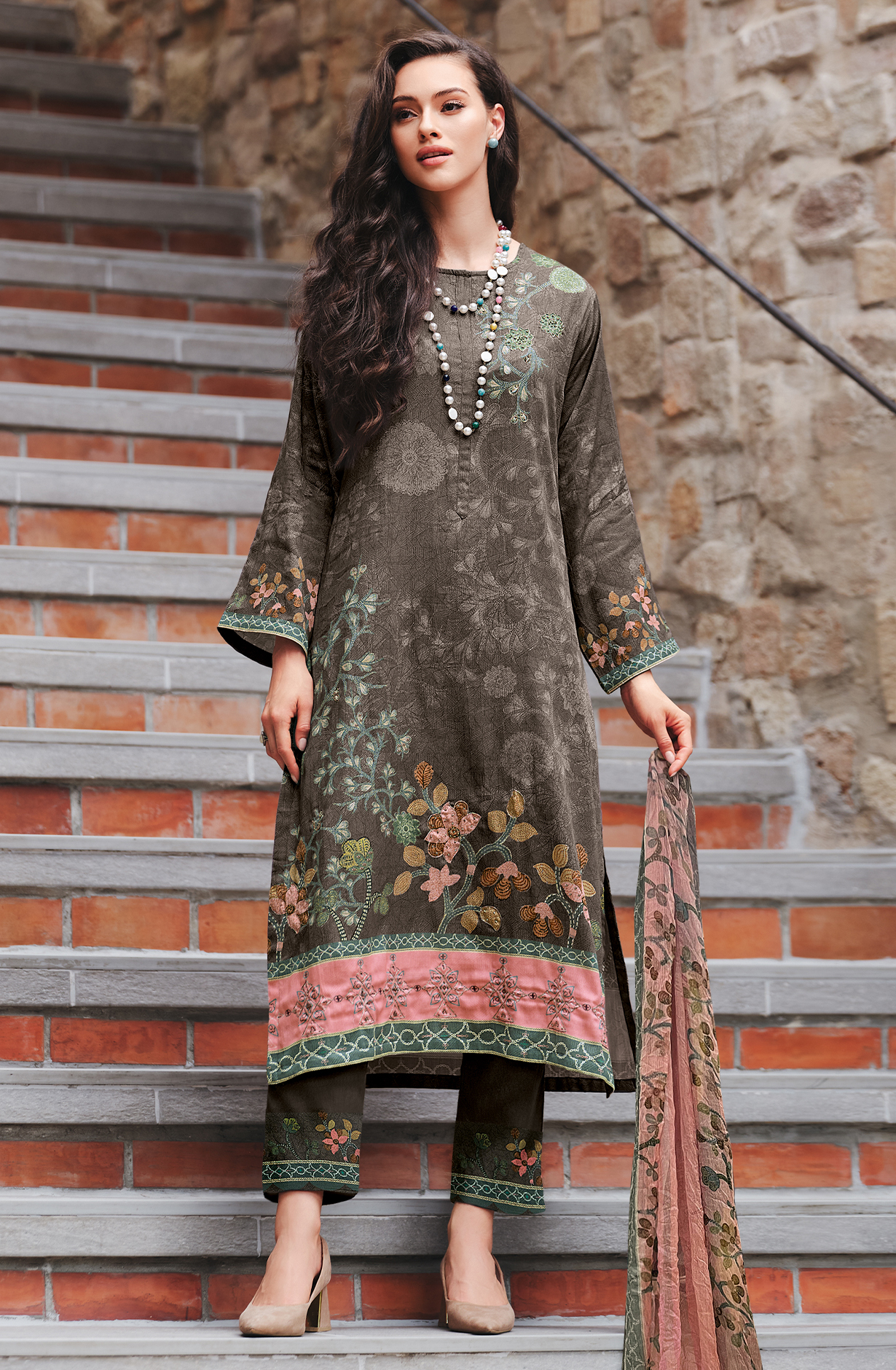 Beige Cotton Beautiful Digital Printed Handwork Unstitched Suit with Chiffon Dupatta - LAL821