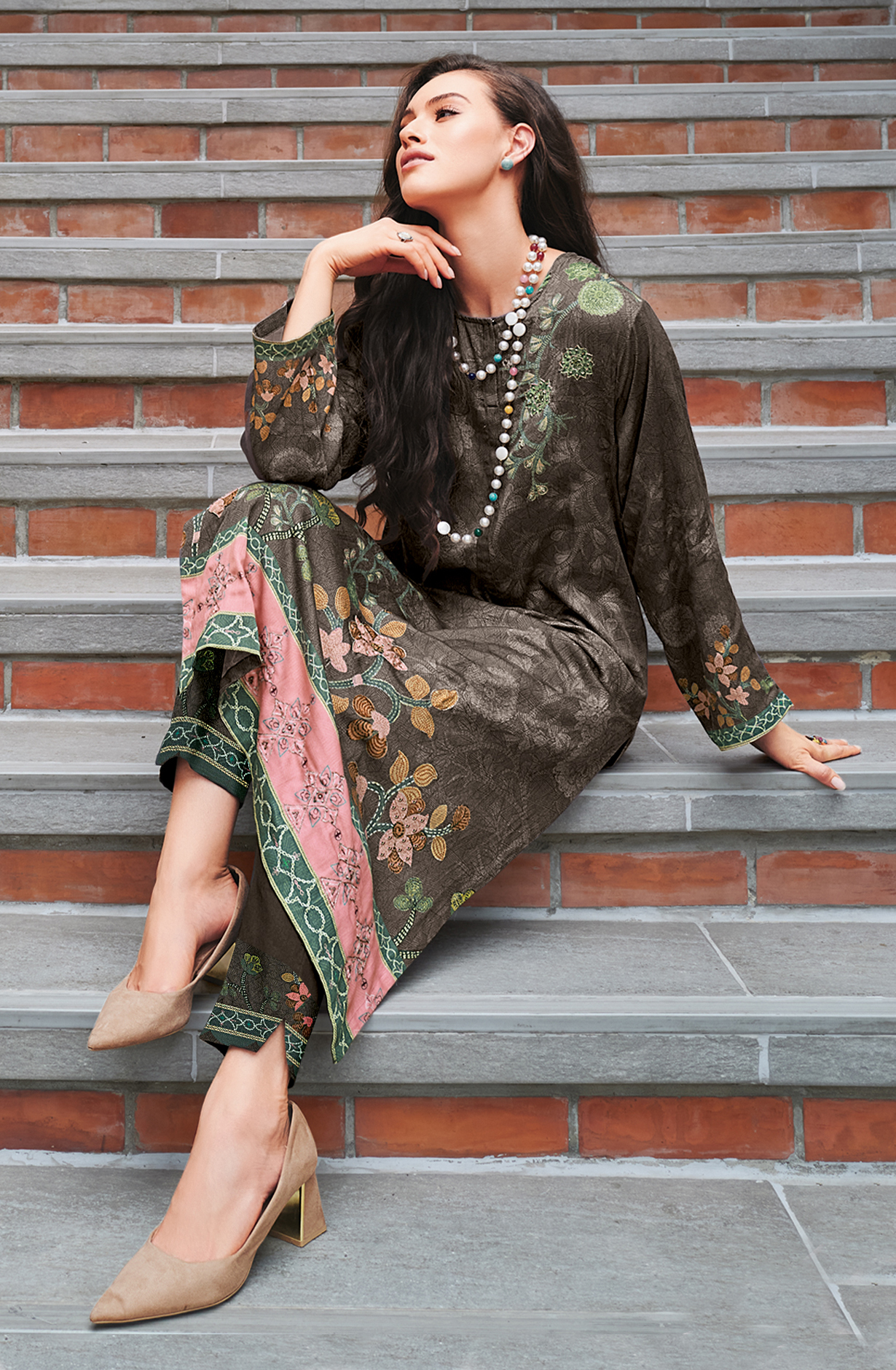 Beige Cotton Beautiful Digital Printed Handwork Unstitched Suit with Chiffon Dupatta - LAL821