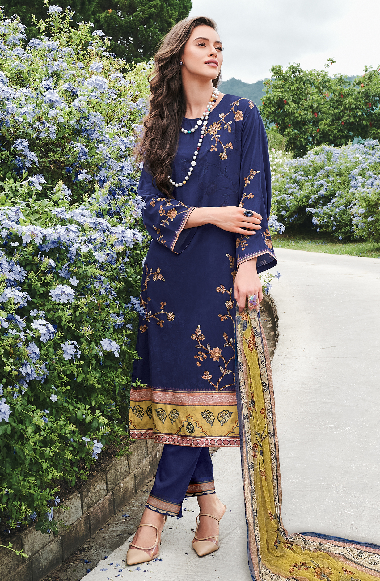 Blue Cotton Beautiful Digital Printed Handwork Unstitched Suit with Chiffon Dupatta - LAL831