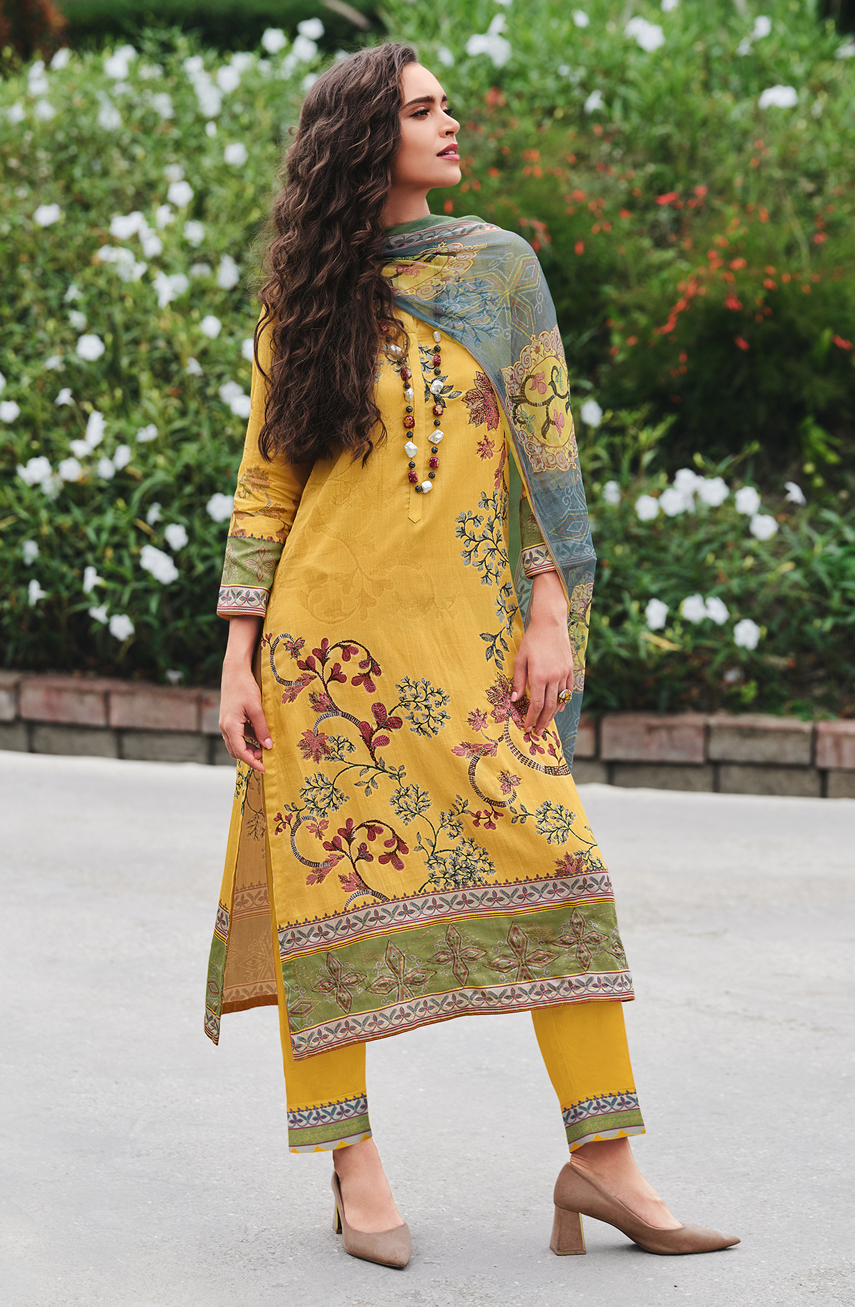 Yellow Cotton Beautiful Digital Printed Handwork Unstitched Suit with Chiffon Dupatta - LAL841