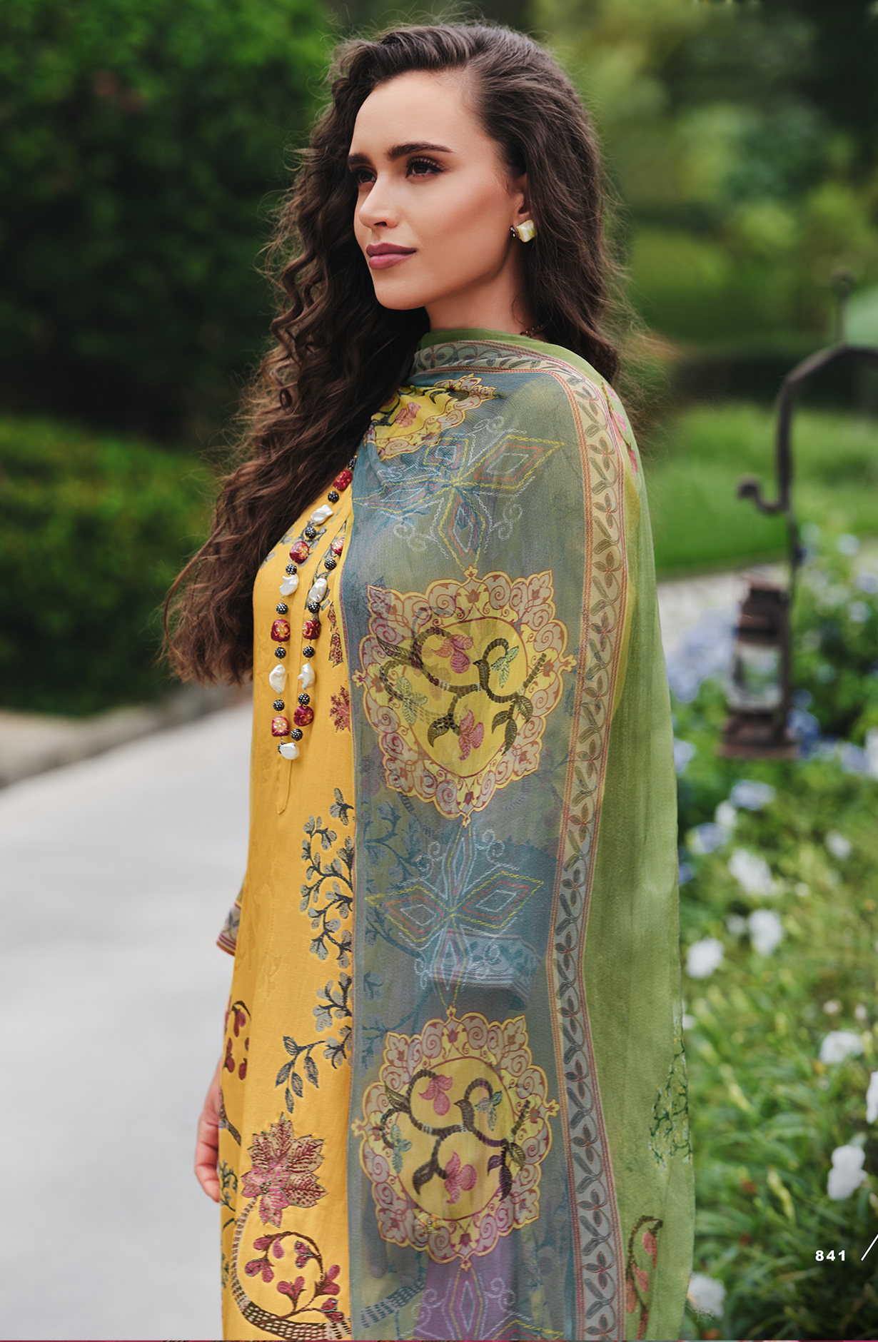Yellow Cotton Beautiful Digital Printed Handwork Unstitched Suit with Chiffon Dupatta - LAL841