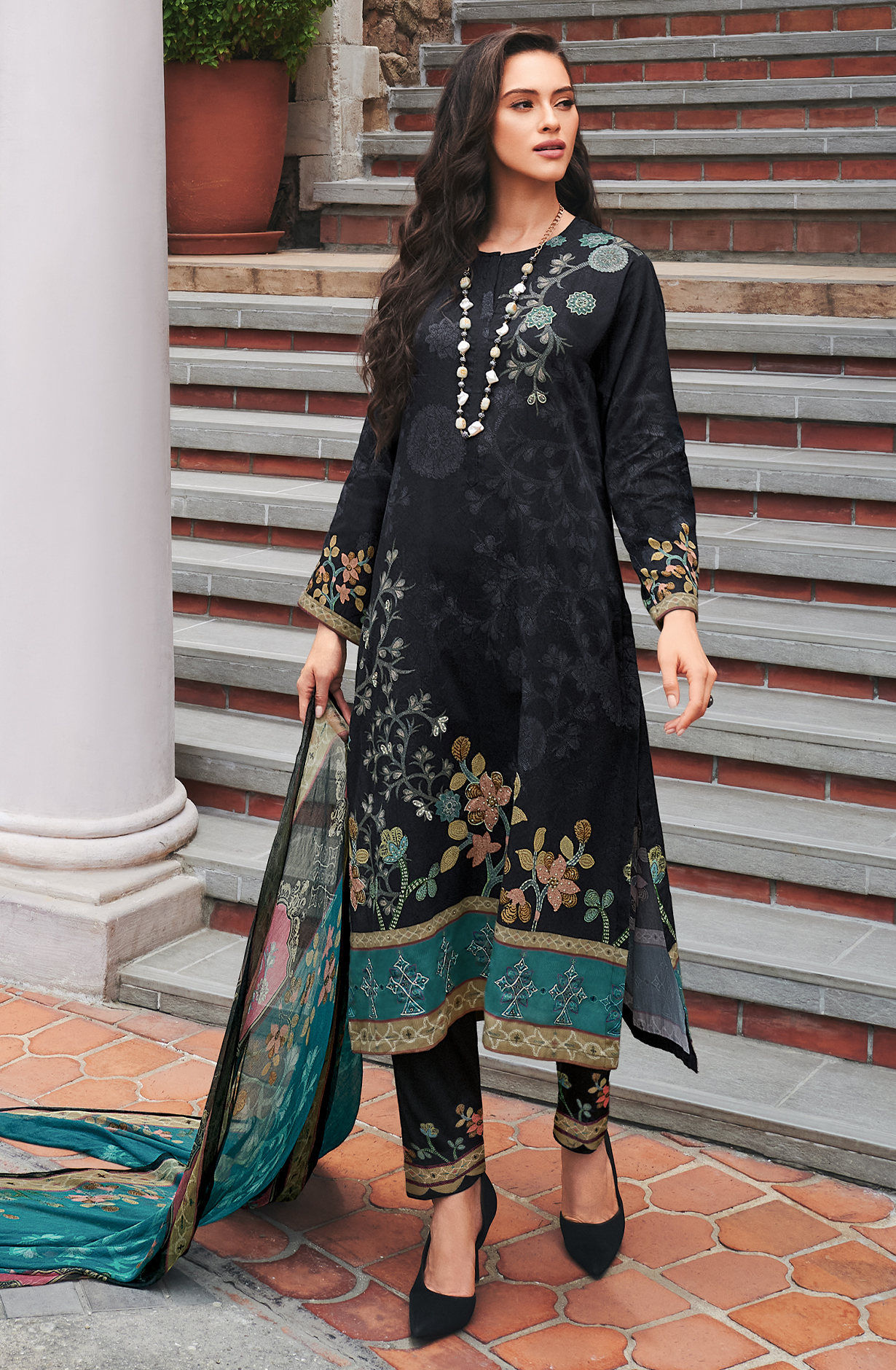 Black Cotton Beautiful Digital Printed Handwork Unstitched Suit with Chiffon Dupatta - LAL851
