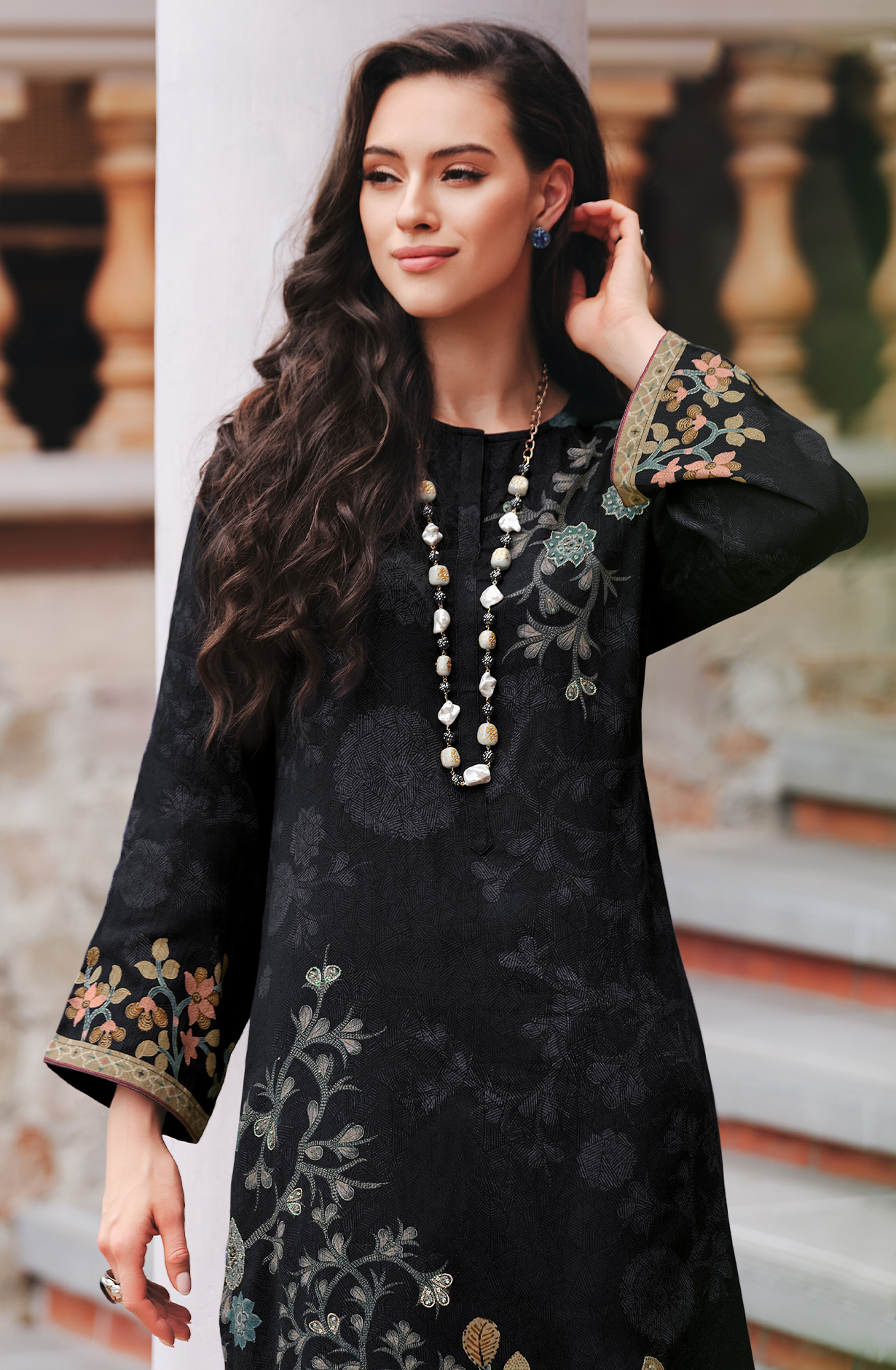 Black Cotton Beautiful Digital Printed Handwork Unstitched Suit with Chiffon Dupatta - LAL851