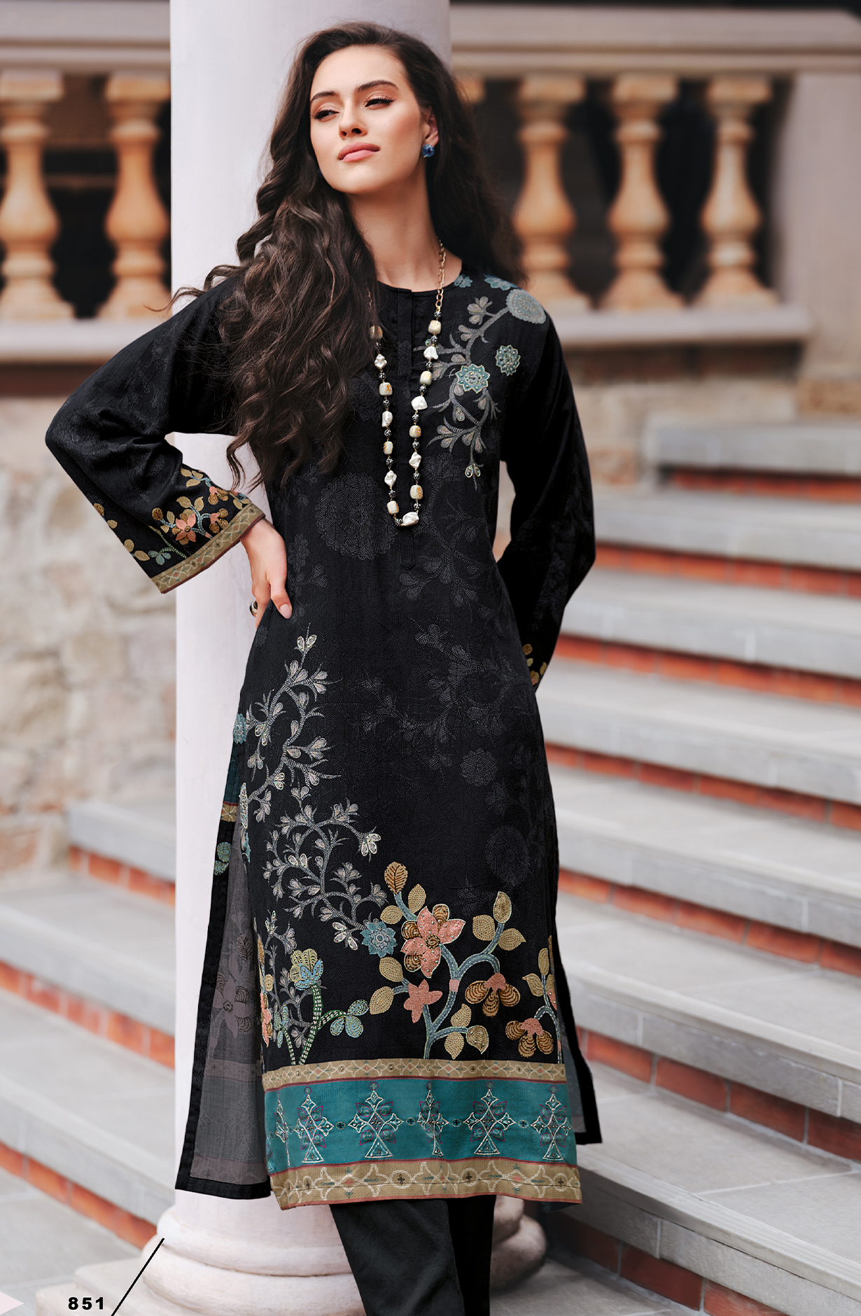 Black Cotton Beautiful Digital Printed Handwork Unstitched Suit with Chiffon Dupatta - LAL851